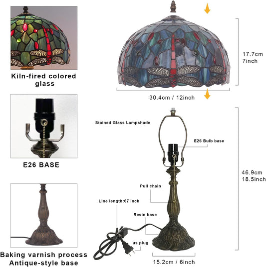 Tiffany Lamp,W12H19 Inch Stained Glass Table Lamp,Antique Desk Light,Art Decor Table Lamp(Dragonfly