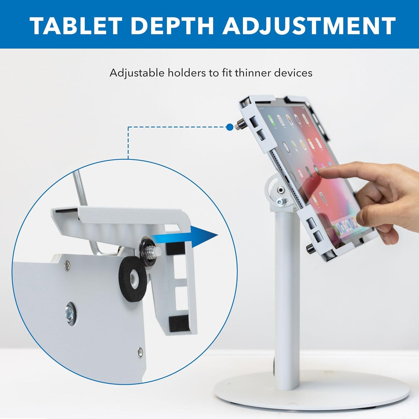Mount-It! Universal Tablet Stand with Tilt, Anti-Theft Retail iPad POS Kiosk Stand, Fits 9.7"–13.1" Tablets, 90° Rotation & 180° Tilt, 20 lb Capacity, Steel Countertop Mount, White