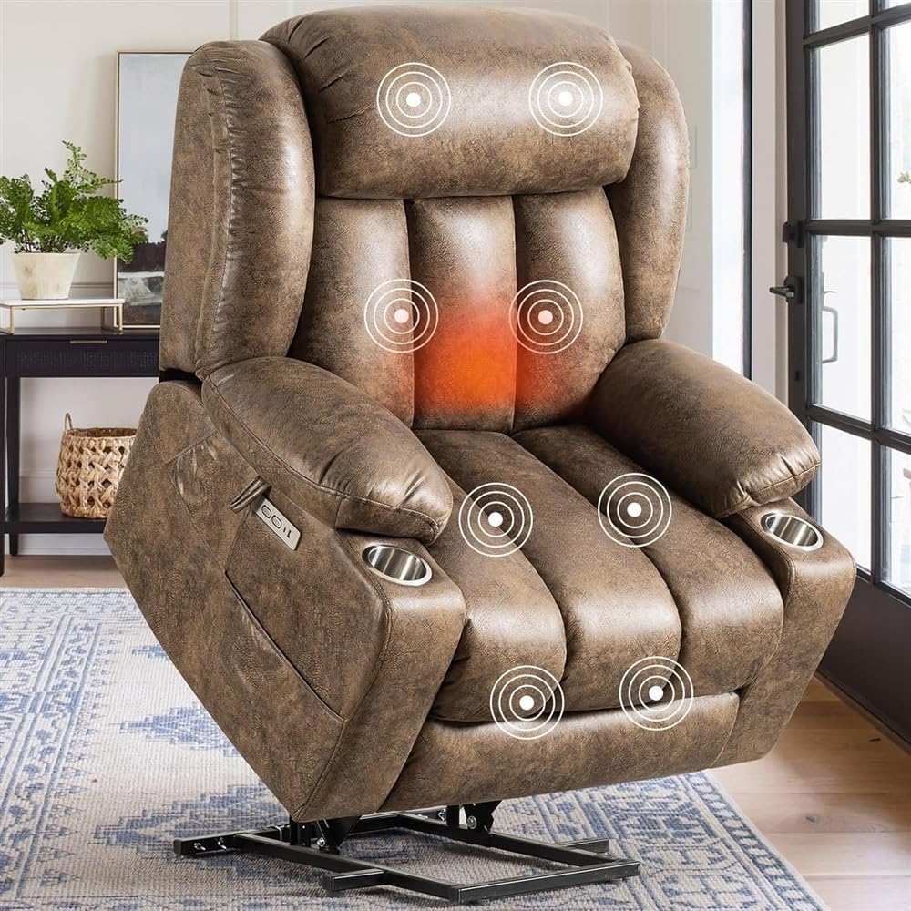 Power Lift Recliner Chair for Elderly, Breathable Leather Ergonomic Lounge Chair with Massage and Heat, Classic Single Sofa with Cup Holders Side Pockets for Home Theater