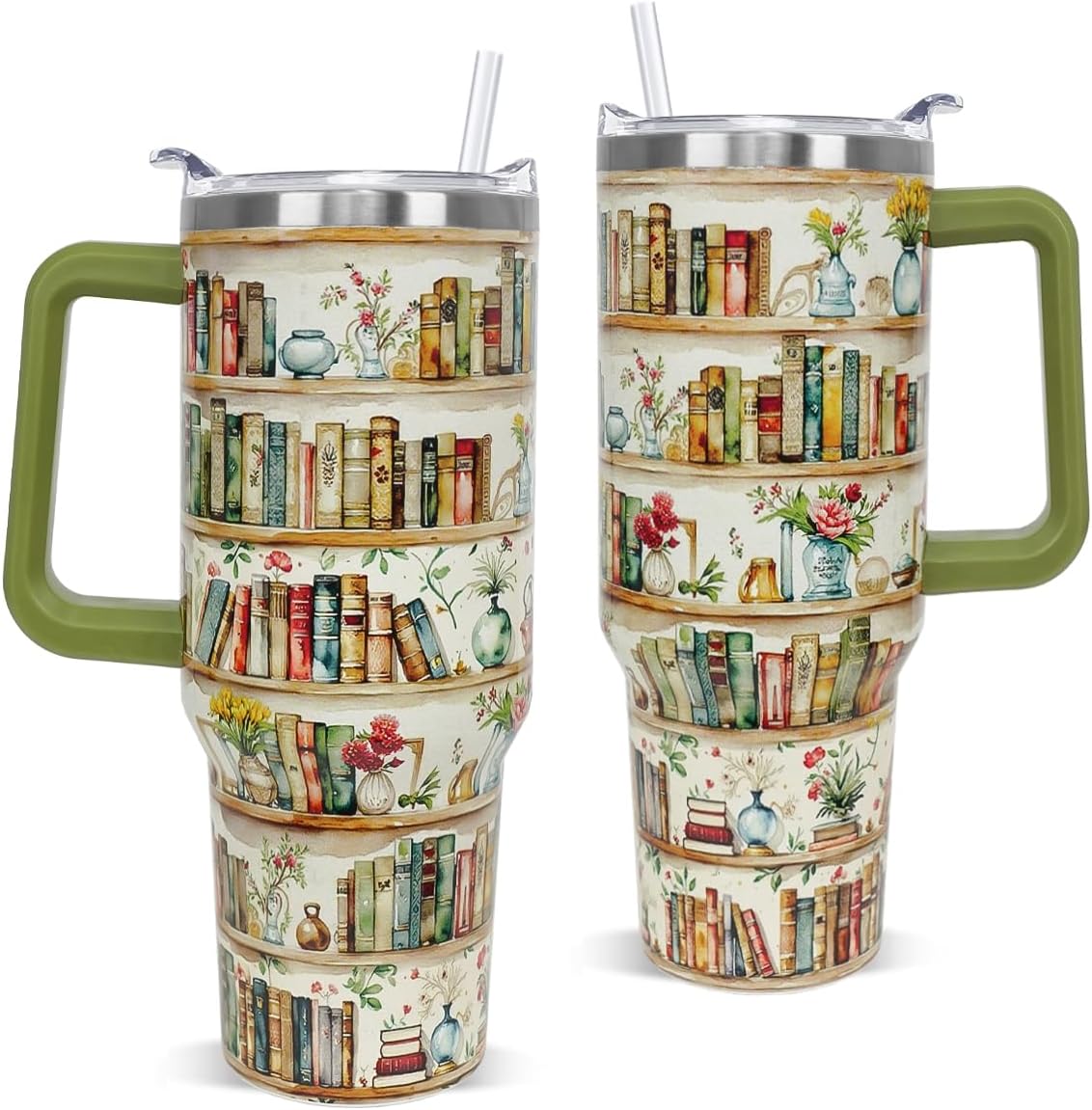 Book Lovers Gifts 40oz Retro Bookshelf Tumbler with Handle and Straw Watercolor Flowers Bookworm Coffee Travel Mugs Insulated Cup Gifts for Women Readers,Reading,Bookish,Librarian,Books Accessories