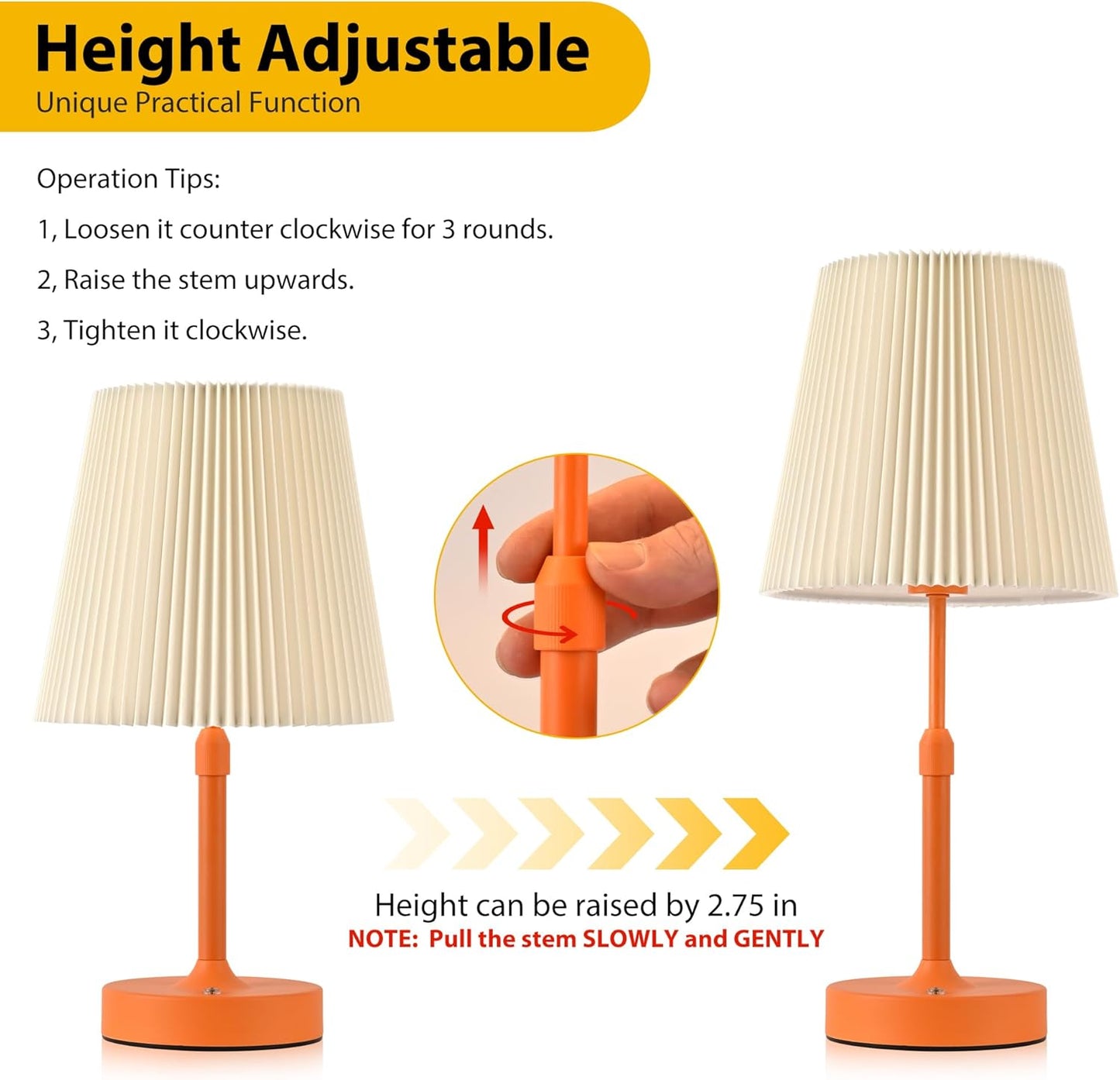 Cordless Table Lamp,5200mAh Rechargeable Table lamp with Stepless Dimming & Adjustable Height,Touch Lamps for nightstand with 2 Bulbs for Bedroom, Dining Table, Kitchen(Orange)