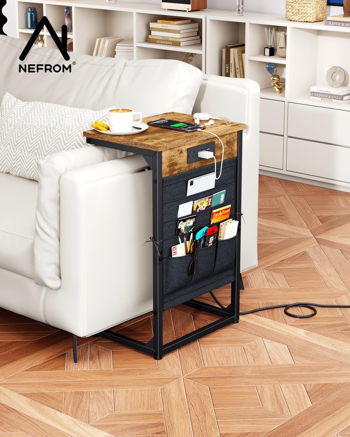 C-Shaped End Tables Set of 2, Small Couch SideTable with Fast-Charging Station, Sofa TV Tray Table with Storage Bag for Living Room, Bedroom, Bedside ET-BR-W2