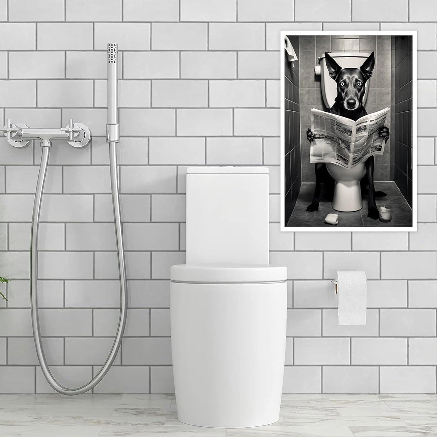 Vintage Dog Reading Newspaper Posters Doberman Sitting On The Toilet Canvas Wall Art Animals Black And White Prints Painting For Bathroom Home Bedroom Dorm Wall Decor 12x16in Unframed