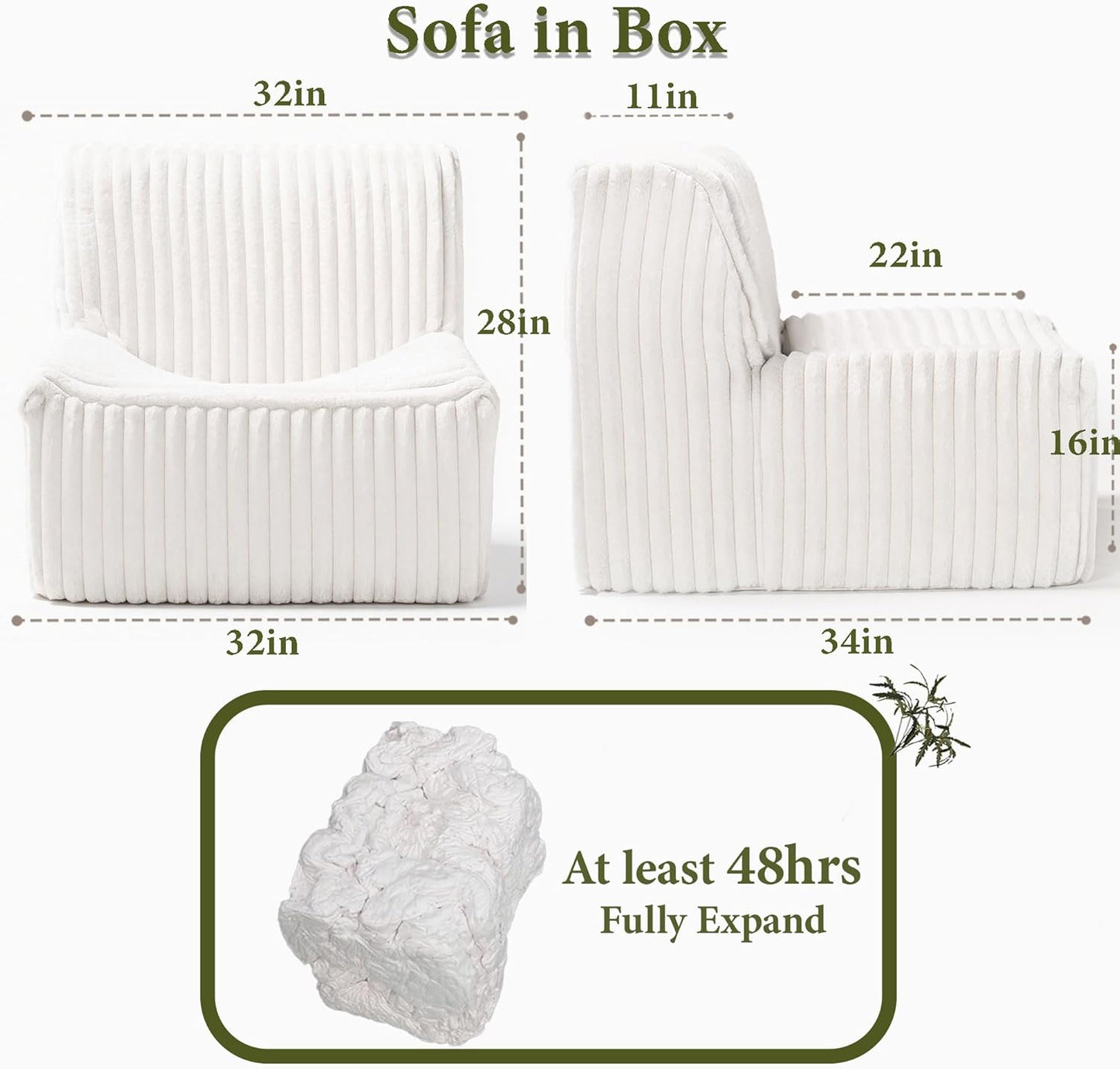 Trenda 32'' Comfy Bedroom Chair for Adult, Boneless Space-Saving Accent Chairs with with Spacious Seating, Soft Faux Fur Cover, Ideal Floor Couch for Living Room,College, Dorm to Reading (White)