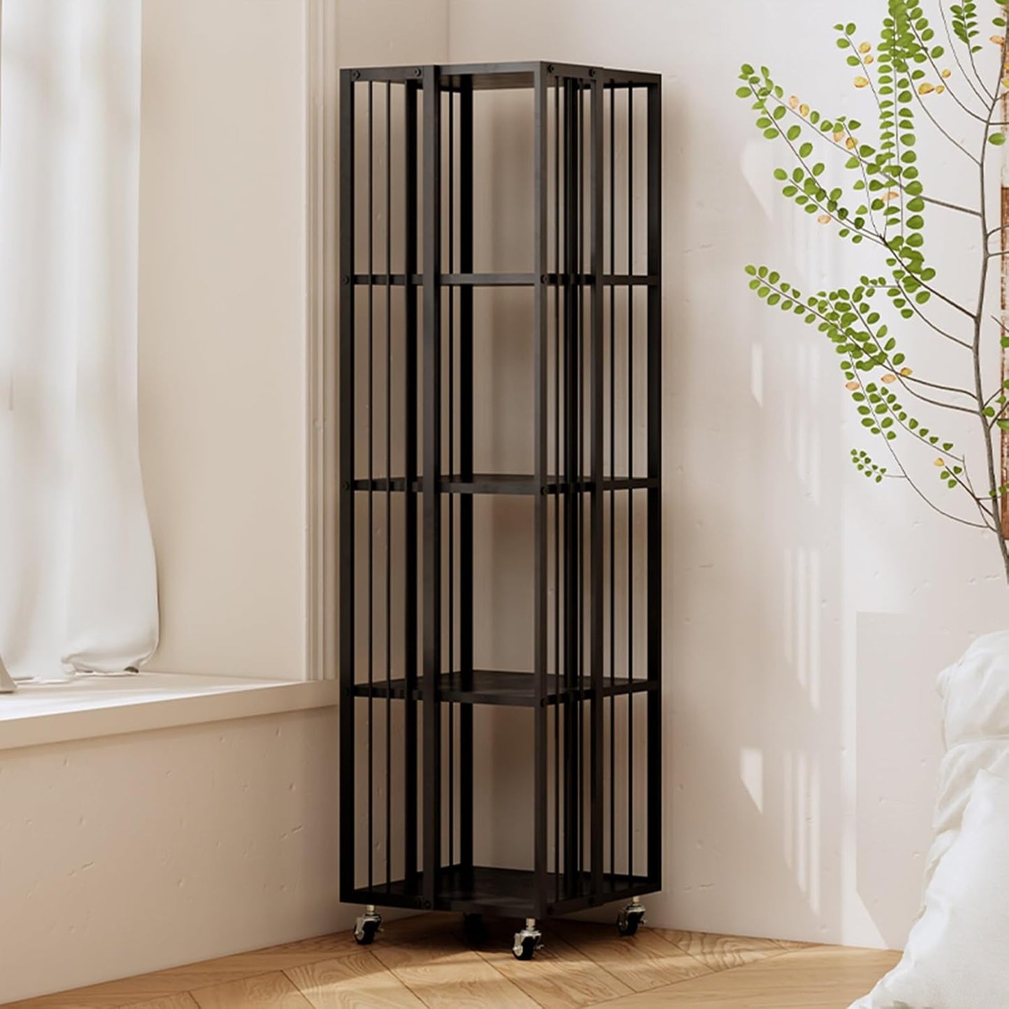 Simple Metal Bookshelf – Vertical Book Tower,360 degrees Vertical Bookshelf Tower,Tall & Narrow Ladder Bookcase, Modern Vertical Bookshelf Tower,Modern invisible Floating Bookshelf With wheels(107.5cm