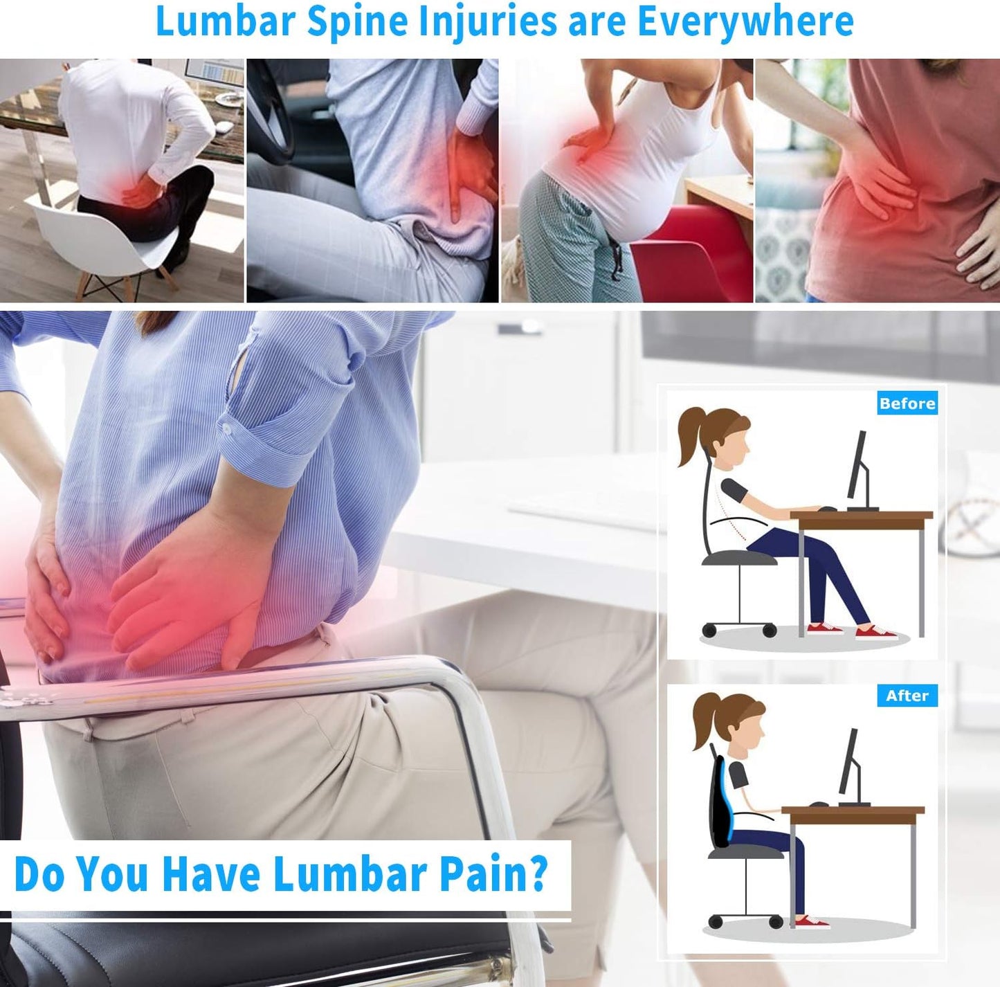 Lumbar Support Pillow,Memory Foam Back Support for Office Chair,Computer Chair,Car Seat,Recliner and Couch with Breathable 3D Mesh Cover,Ergonomic Design Orthopedic Backrest for Back Pain Relief