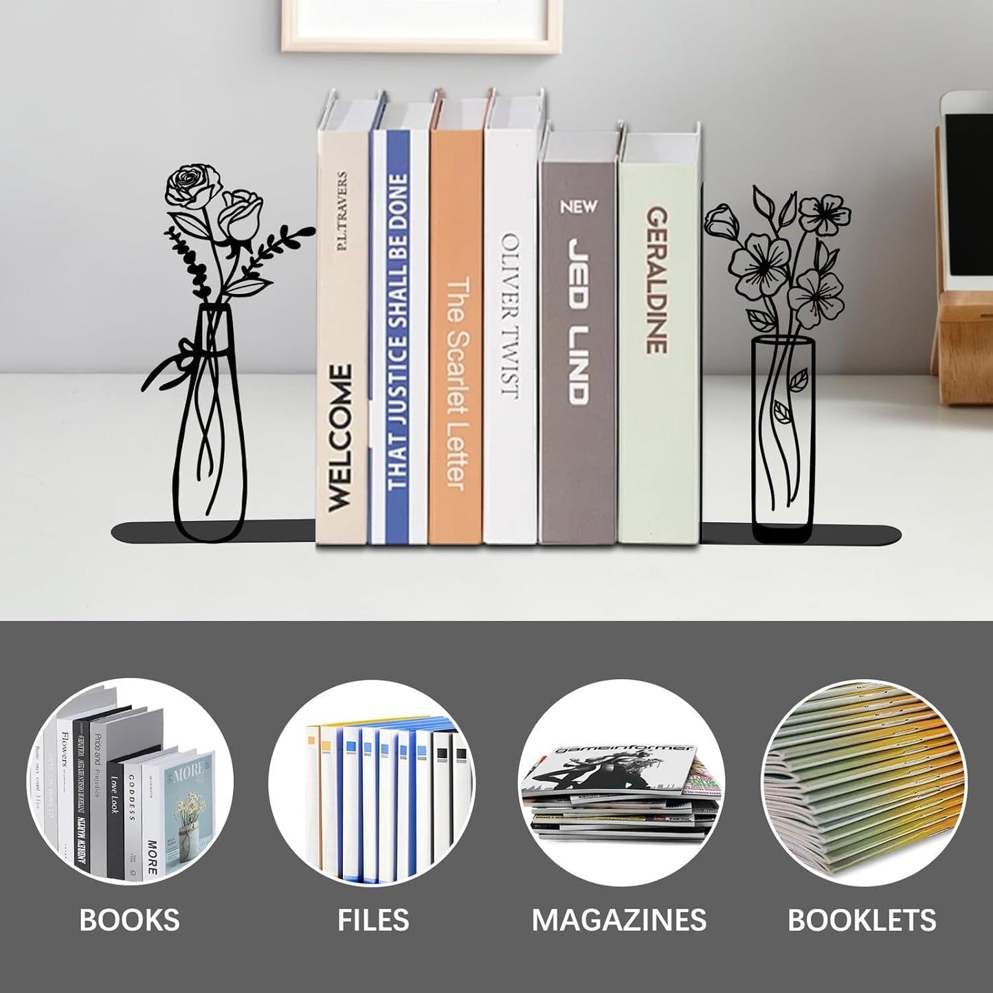 4 Pcs Floral Metal Bookends - Flowers Book Ends for Shelves Decorative, Home Office Desk Bookshelf Decor, Gift for Floral Lovers and Reading Enthusiasts, Reading Gifts for Women