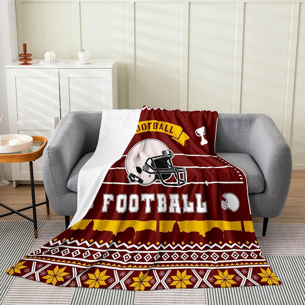Erosebridal Football City Fleece Throw Blanket Twin 60"X80" - Ultra-Soft for Couch Sofa Bed,Rugby Sports Lover Flannel Blanket,Football Helmet Fuzzy Plush Throw,Red Yellow White Room Decor
