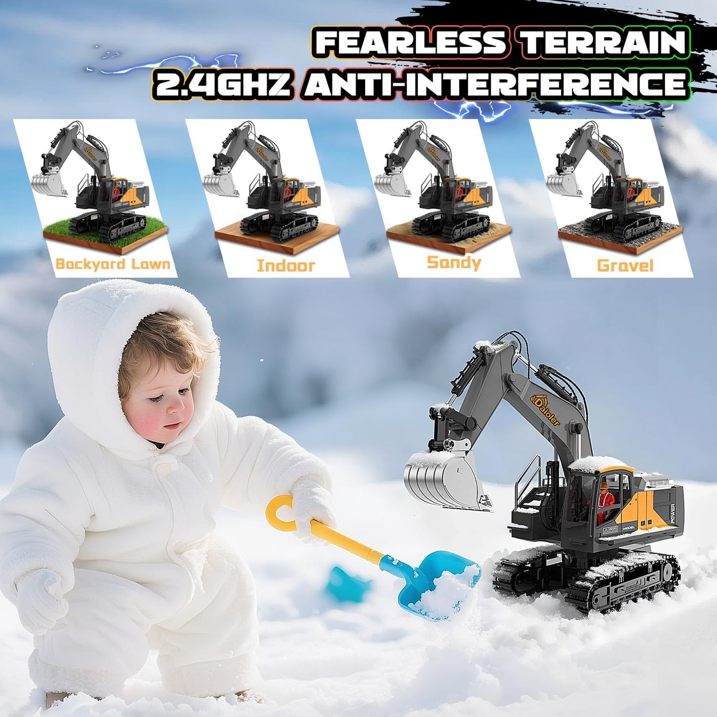 Remote Control Excavator Toy for Boys 3+, RC Construction Vehicle with Spray, Rechargeable Battery/680° Rotation/Metal Shovel/Light/Sound, RC Excavator Toy for Kid Digger Toys for Boy 3-5 4-7 8-12+