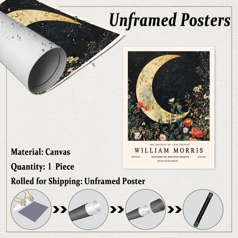 William Morris Style Moon Canvas Print Celestial Botanical Wall Art Gold Lunar Poster for Bedroom Meditation Nook or Bohemian Night Decor-11x14Inch Ready to Hang (Unframed)
