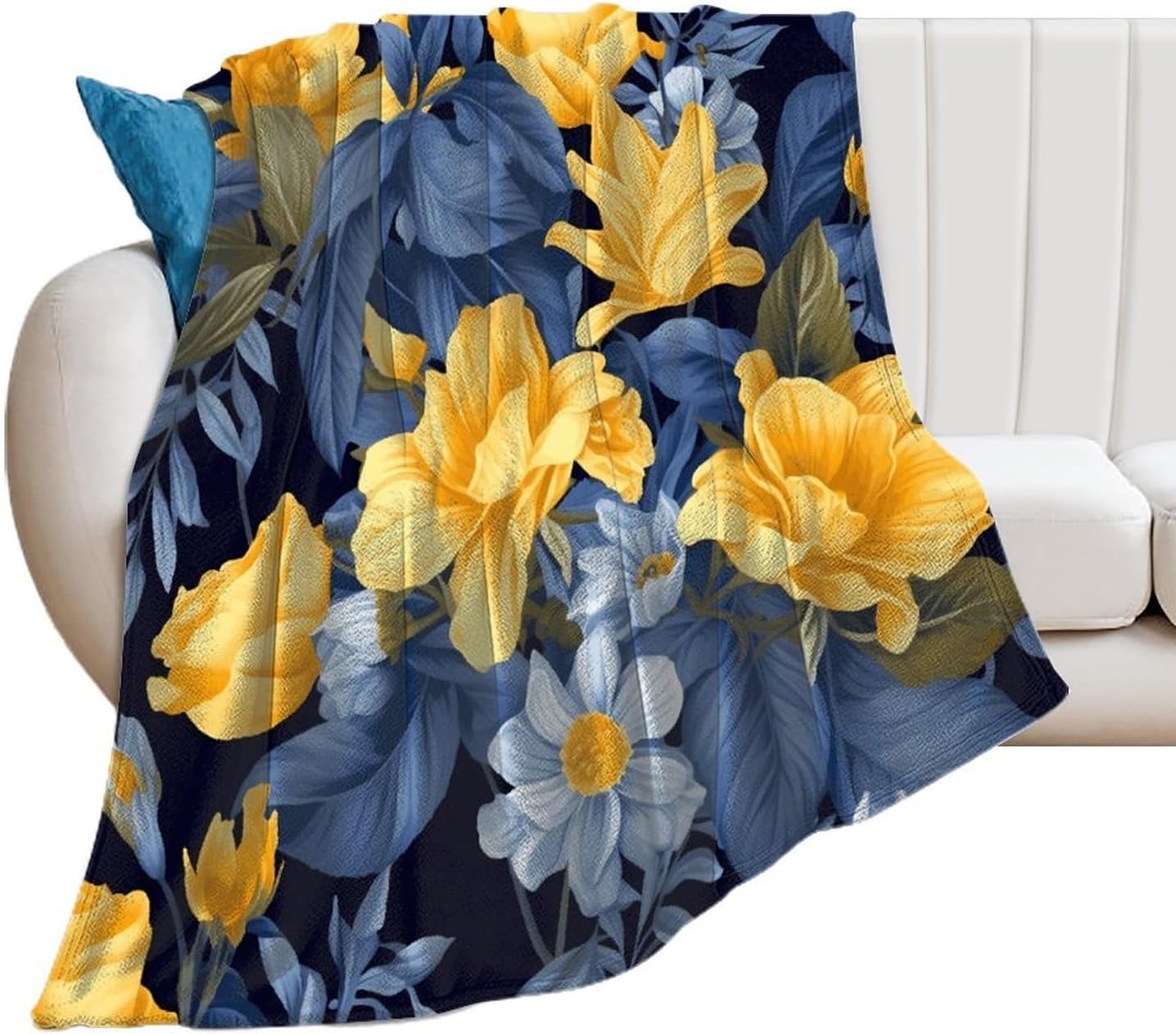 Blue Base Yellow Floral Blanket Chunky Fluffy Fuzzy Bed Blankets Cozy Soft Warm Winter Blankets Anti-Pilling Flannel Throw Blanket for Couch Living Room Bedroom Multiple Size