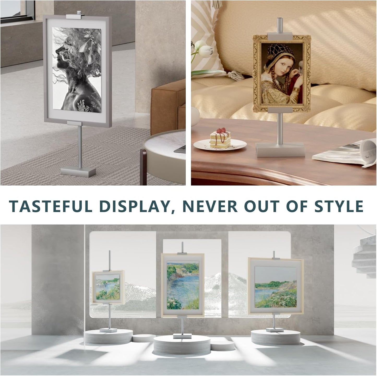 Tabletop Picture Frame Stand, Adjustable for Frames Up to 29" H, Frame Holder Stand Table Easels for Display, Metal Standing Easel Display Stand for Picture Frames, Artwork, Canvas (Silver)
