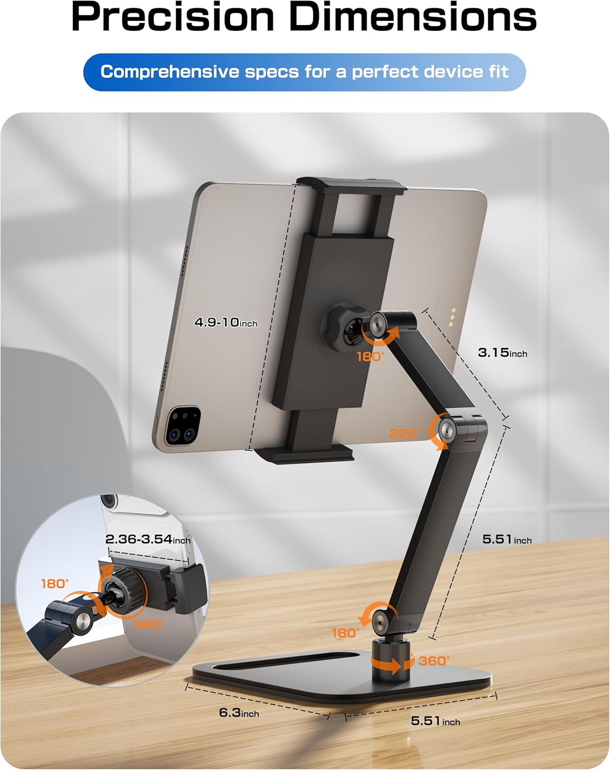 Tablet Stand Holder for iPad, Portable Monitor Stand Holder 15.6'',16'', Aluminum Alloy Foldable Arm Mount with 360° Swivel Desk Mount Compatible with 4.7-16inch Tablet, Cell Phone (Black)