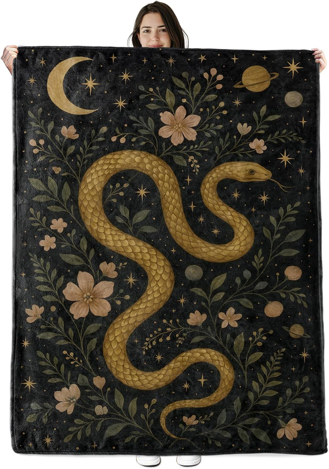 Mystical Snake Blanket Gifts for Boys Girls Kids, Golden Serpent with Moon and Floral Warm Soft Flannel Throw Blankets for Travel, Sofa, Room, Bedroom Birthday Christmas Spring Decor, 50x60 in