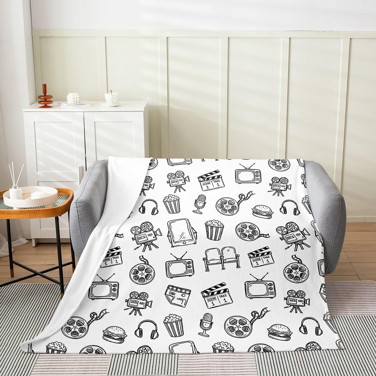 Feelyou Cinema Pattern Plush Throw Blanket White Line Art Movie Flannel Blanket Twin 60"x80" Retro Cinema Aesthetic All Season Cute Movie for Couch Bed Sofa Bedroom Decor