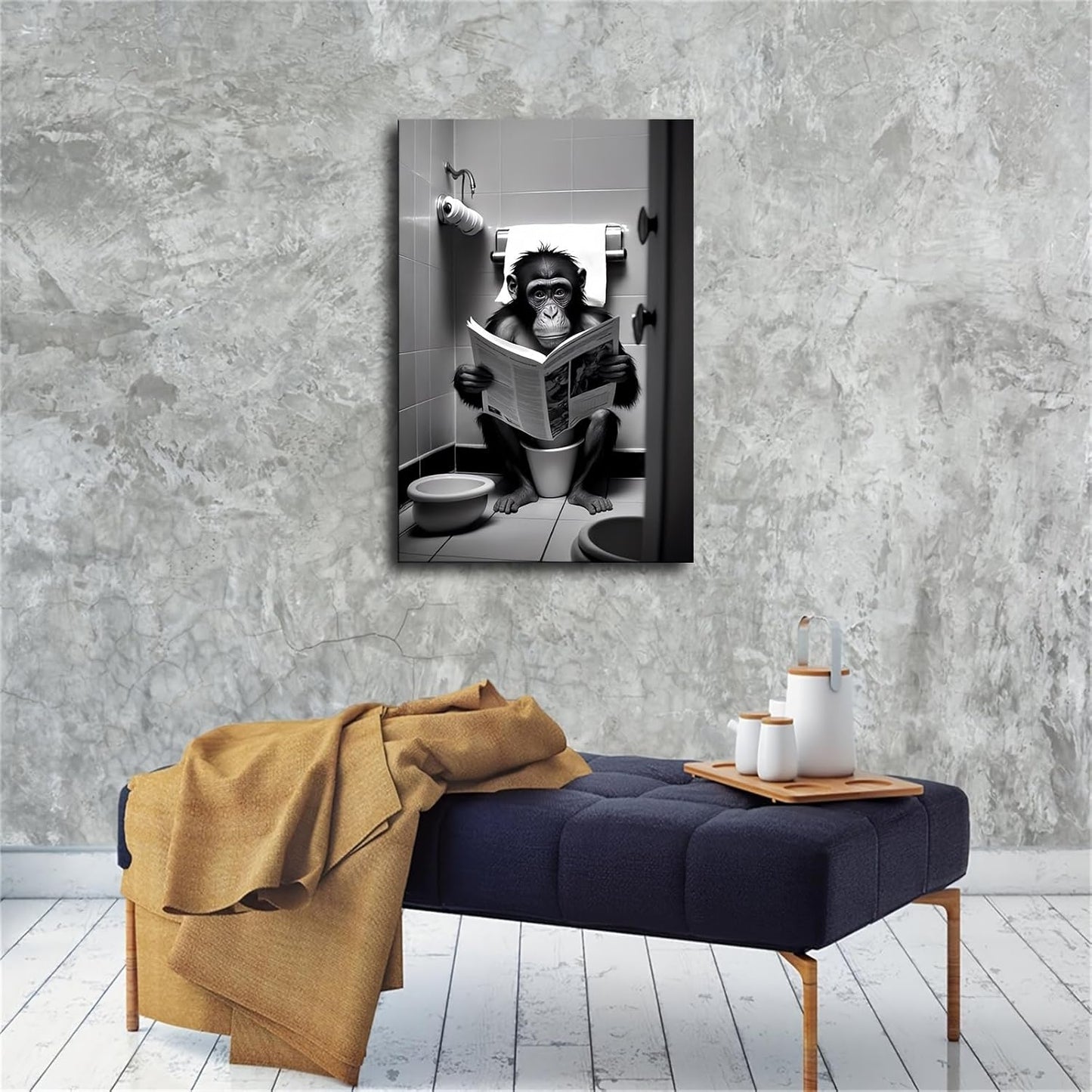 Monkey Sitting on the Toilet Reading a Newspaper, Funny Bathroom Canvas Wall Prints poster Modern Home Aesthetic Decor Wall art for Bedroom Dorm (16x24inch Framed)