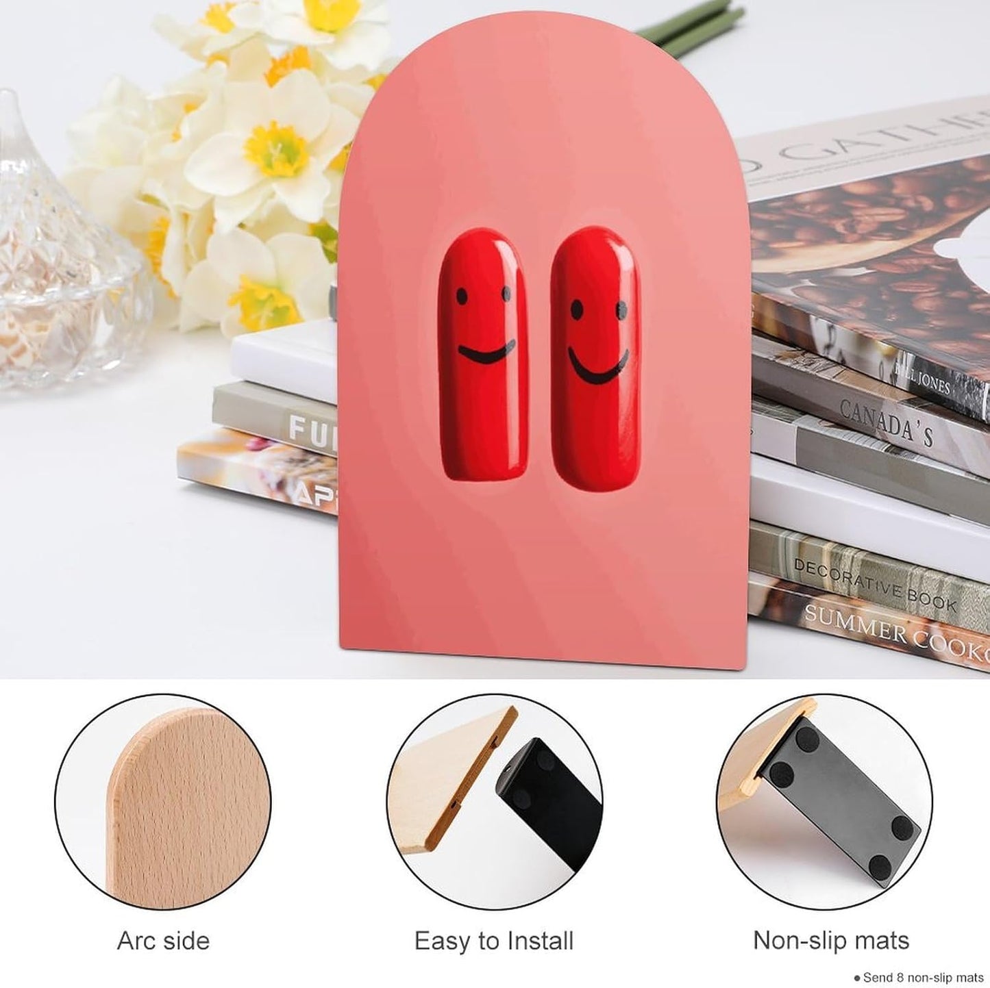 Red Smile Wooden Bookend Non-Slip Book Ends Heavy Duty Book Stopper with Metal Base Books Holderd Decorative Bookends Stands Firmly for Office Supplies