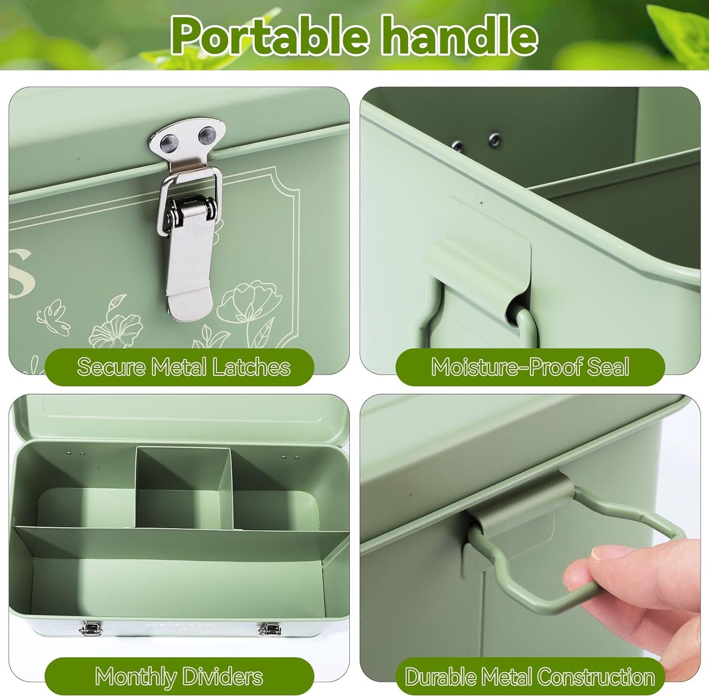 Pimoys Seed Storage Organizer, Metal Seed Saving Box with Lid, Seed Bank Container with 50 Labels 50 Envelopes 20 Plant Clips 32.8Ft Plant Tie, 4 Compartments Box Garden Seed Bin with Safety Locks