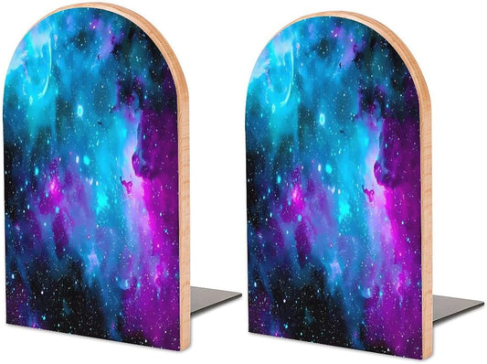Purple Starry Sky Wooden Bookend Non-Slip Book Ends Heavy Duty Book Stopper with Metal Base Books Holderd Decorative Bookends Stands Firmly for Office Supplies
