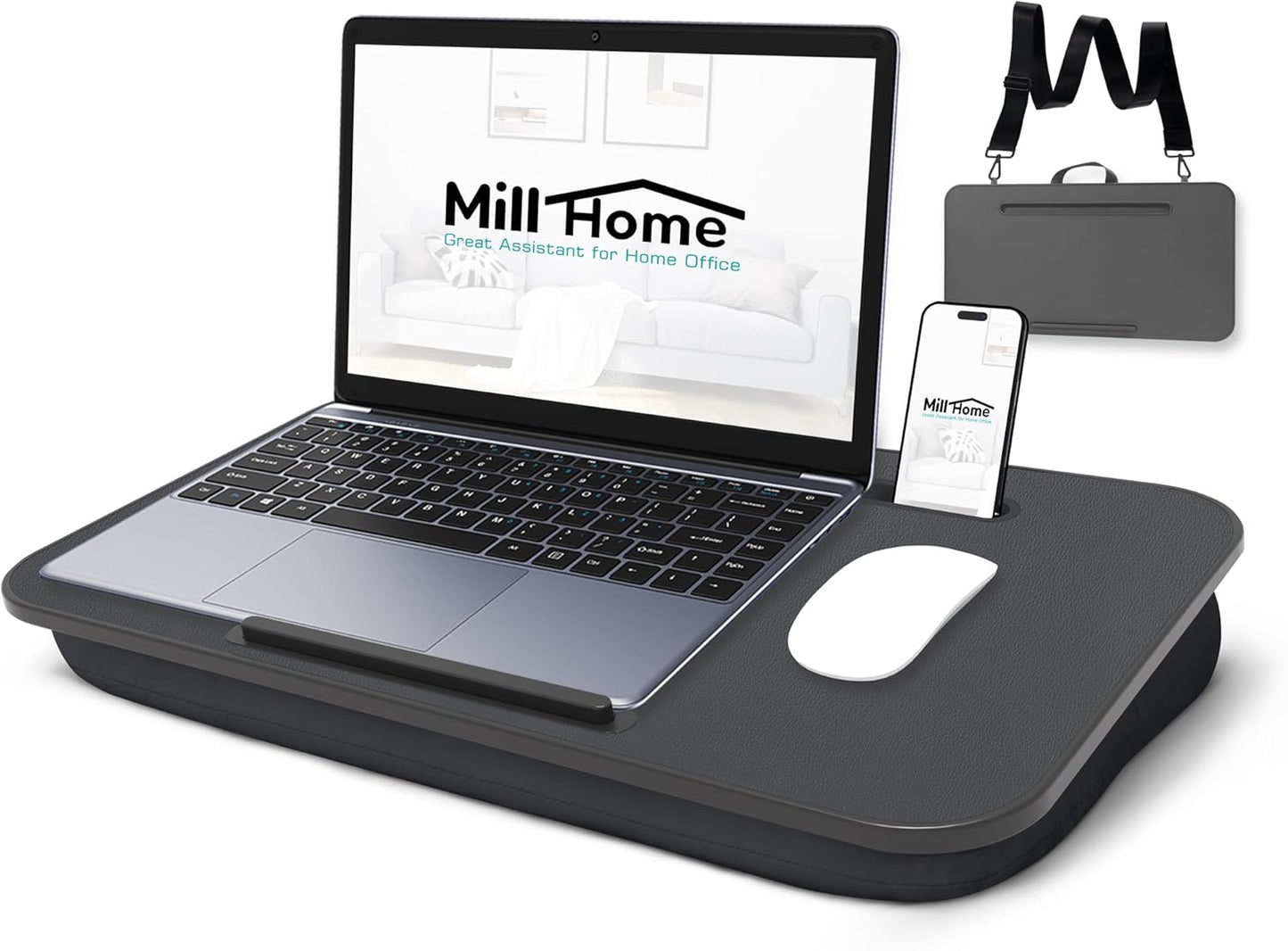 Millhome Lap Desk | Portable Laptop Desk – Fits Up to 17.3" Laptops – Washable Cushion, Adjustable Strap, Phone Holder – Ideal for Short Road Trips or Writing, Working, Reading on Bed, Couch – Black