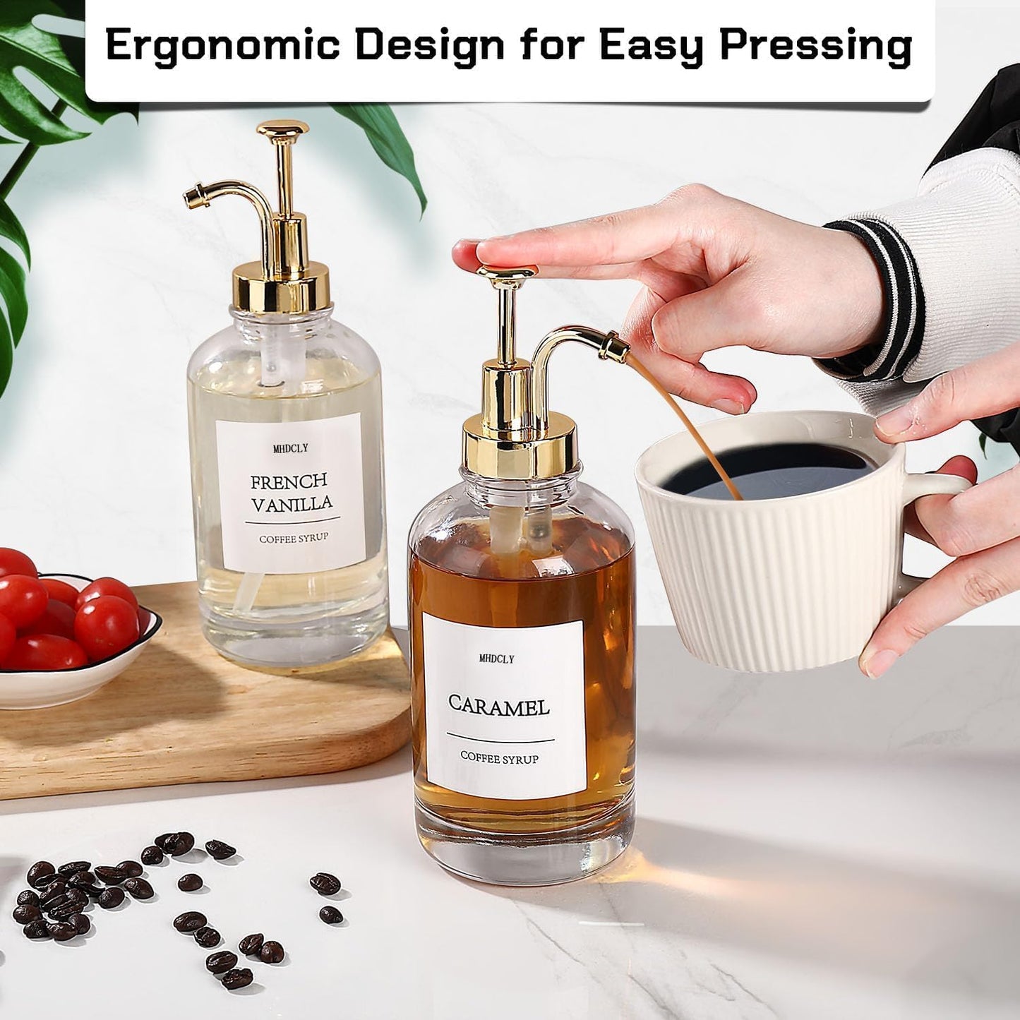Coffee Bar Accessories, Coffee Syrup Dispenser - 4pack,16.9oz Syrup Dispenser with Labels,Syrup Pump Dispenser for Coffee Bar(Gold Pump)