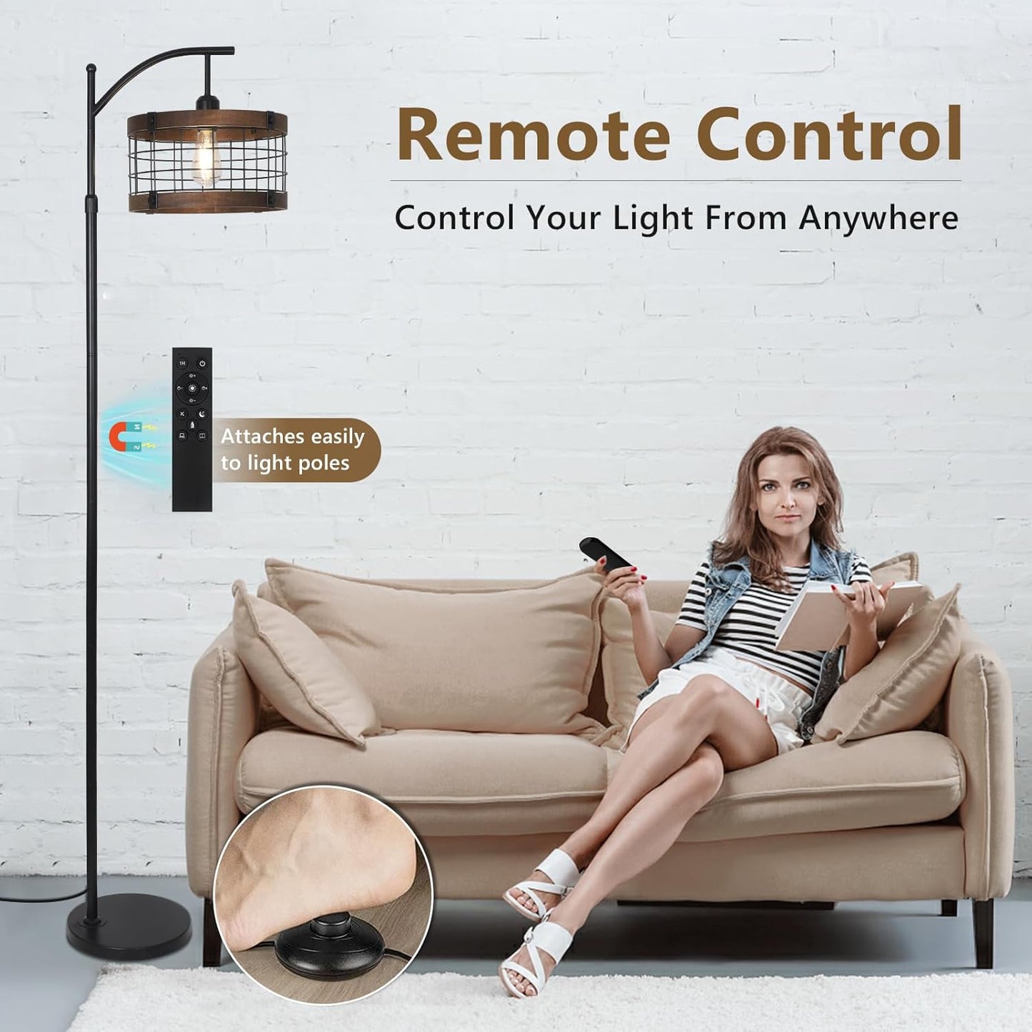 Arc Floor Lamp with Remote & Dimmable LED Bulb, Vintage Wood Floor Lamps for Living Room, Industrial Black Standing Lamp with 3 Color Temperature, Farmhouse Rustic Tall Lamp for Bedroom Office Corner