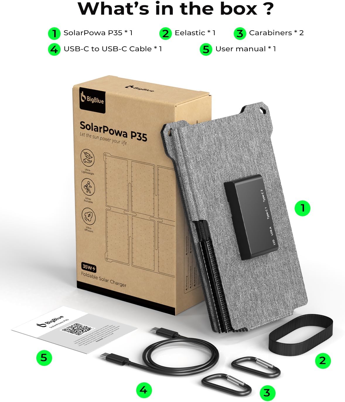 BigBlue Portable 35W Solar Panel Charger with Fast Charging USB-A and PD 25W USB-C for Camping Backpacking, 1.54 lbs, IP68 Waterproof, Folding Solar Phone Charger for iPhone/Android, iPad, Power Bank