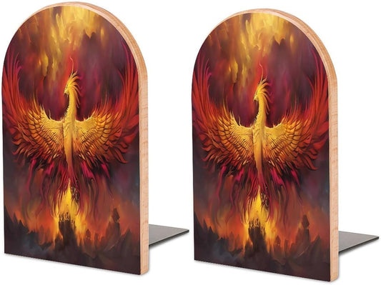 Fantasy Phoenix Wooden Bookend Non-Slip Book Ends Heavy Duty Book Stopper with Metal Base Books Holderd Decorative Bookends Stands Firmly for Office Supplies