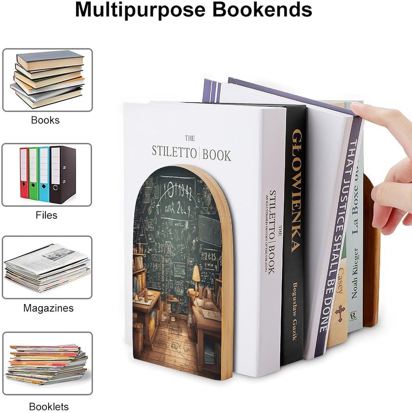 School Math Wooden Bookend Non-Slip Book Ends Heavy Duty Book Stopper with Metal Base Books Holderd Decorative Bookends Stands Firmly for Office Supplies