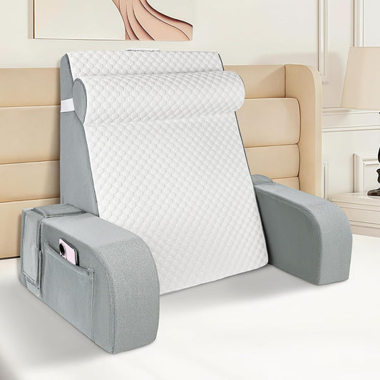 LEBENGURU Reading Pillow for Sitting in Bed Adult, Back Support Pillow with Detachable Headrest & Armrests for Watching TV in Floor,Bed Chair Backrest Pillow for Working/Relaxing/Gaming