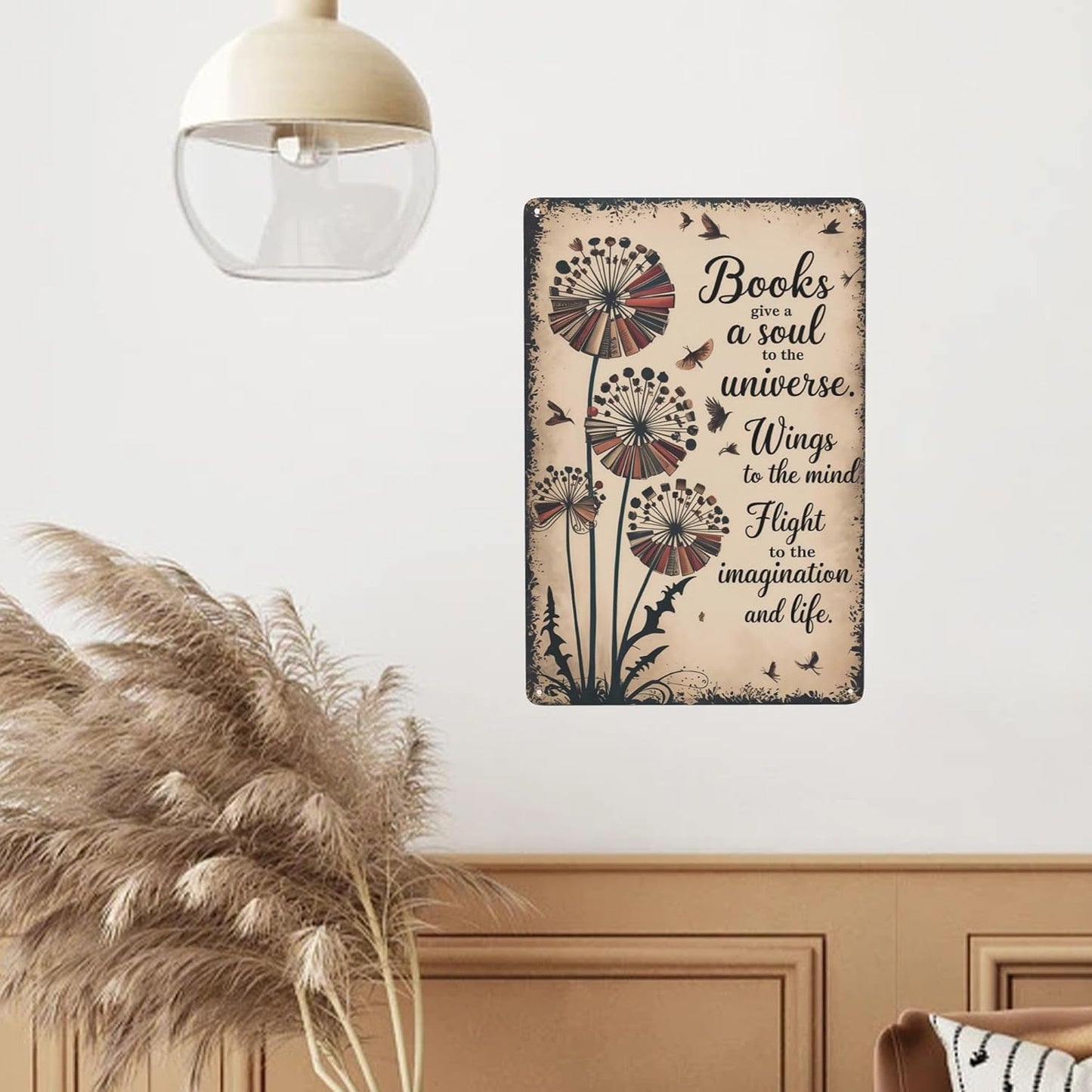Humorous phrase wall art featuring Love Reading Book Gives Soul Universe Wings To The Mind Metal Wall Sign With Vintage Coating Ideal For Library Decor 8x12 inch metal sign for apartment or dorm