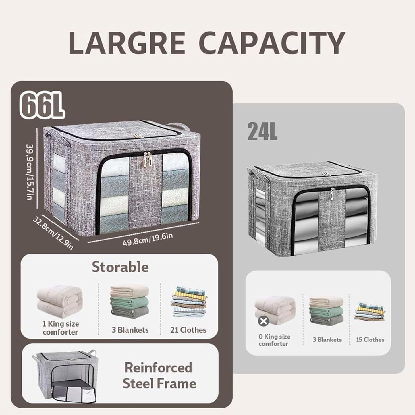 Clothes Storage Bins 50x40x33cm, 66L Waterproof Foldable Fabric Container, Ideal for Bedroom, Closet, Apartment, Home, Bed Sheets, Comforters, Toys, Garments