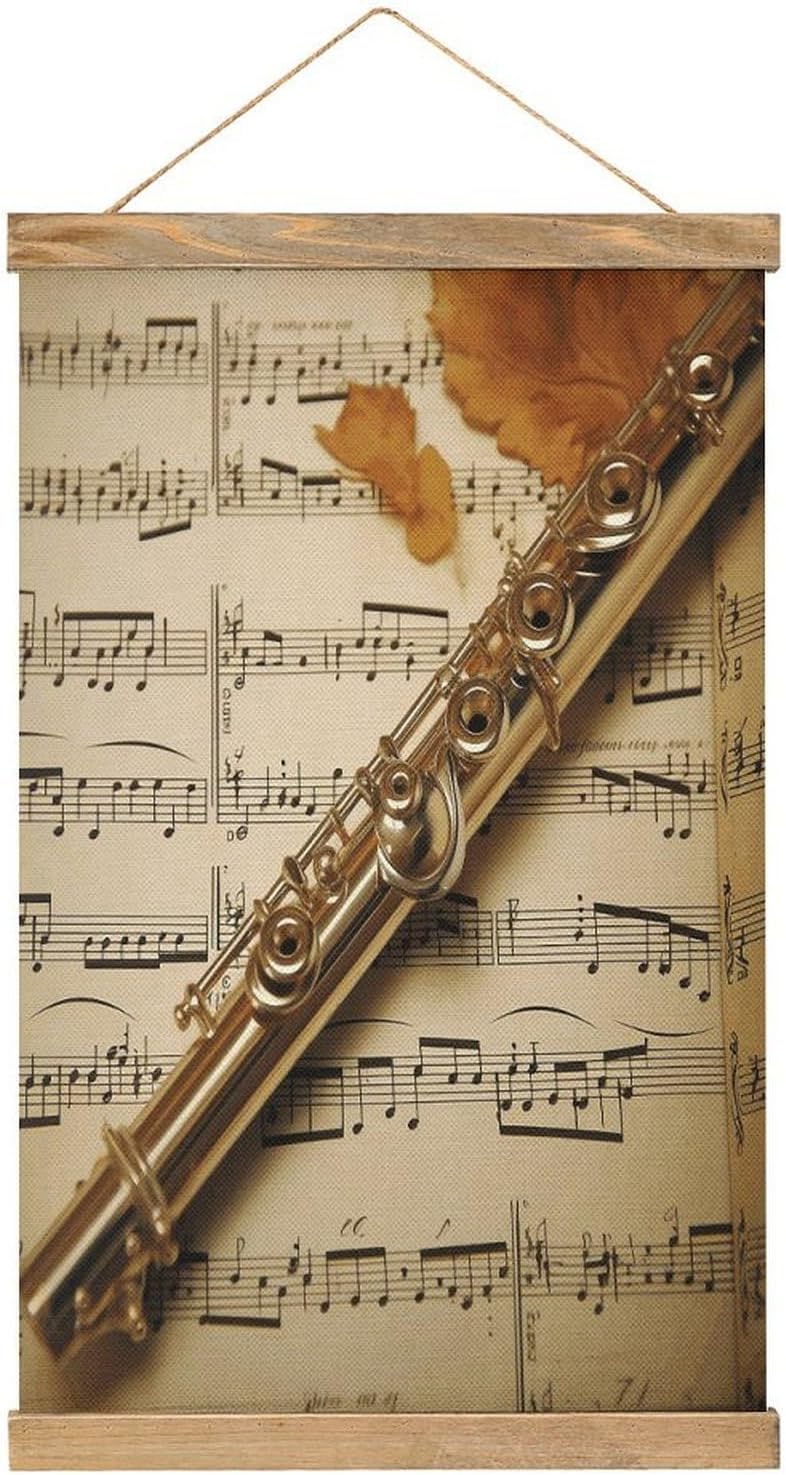 Vintage Flute Music Poster with Wooden Frame Personalized Linen Hanging Scroll Painting Rustic Wall Hanging Illustrative Modern Artwork Decor for Home Living Room Bedroom Office