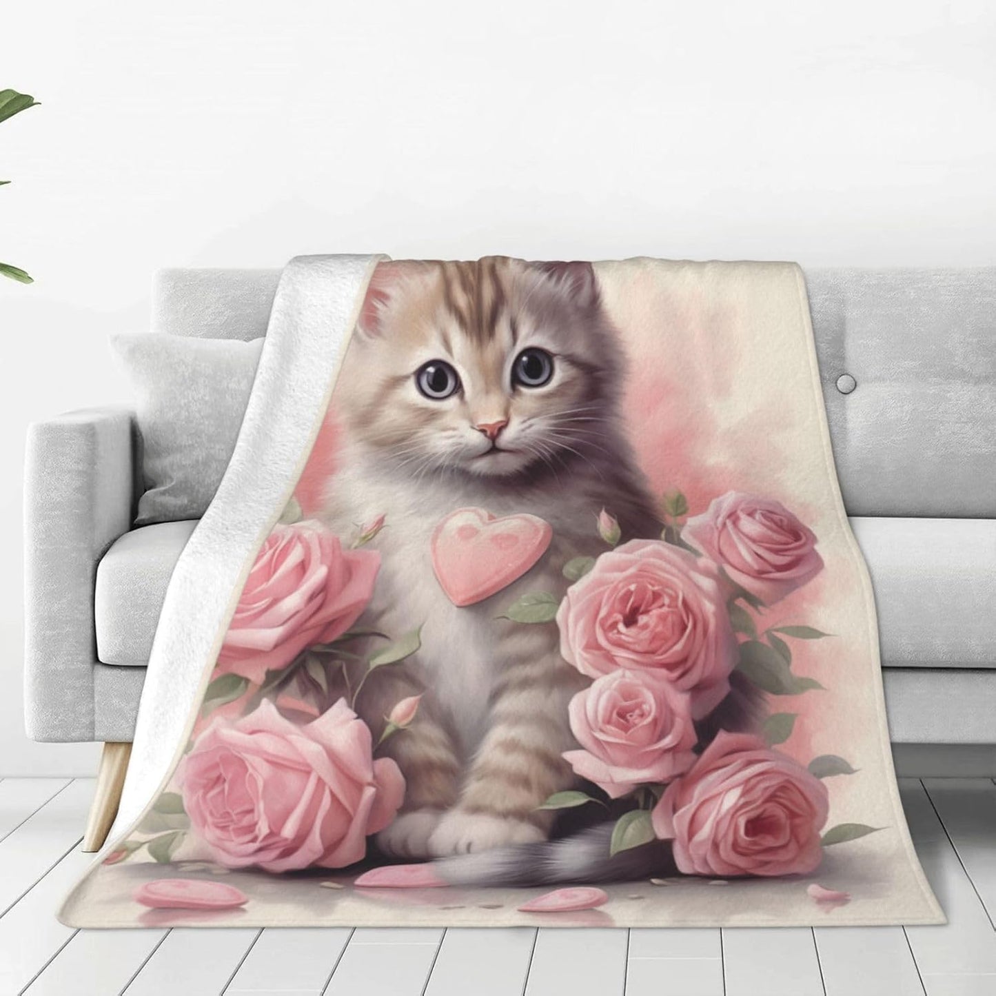 Cute Cat Blanket Pink Rose Flowers Kitty Blankets for Mom Girls Women Cat Gifts Flannel Soft Warm Cozy Fuzzy Throw Blankets for Bed Sofa Decor Valentine Day Gifts 50"x60"
