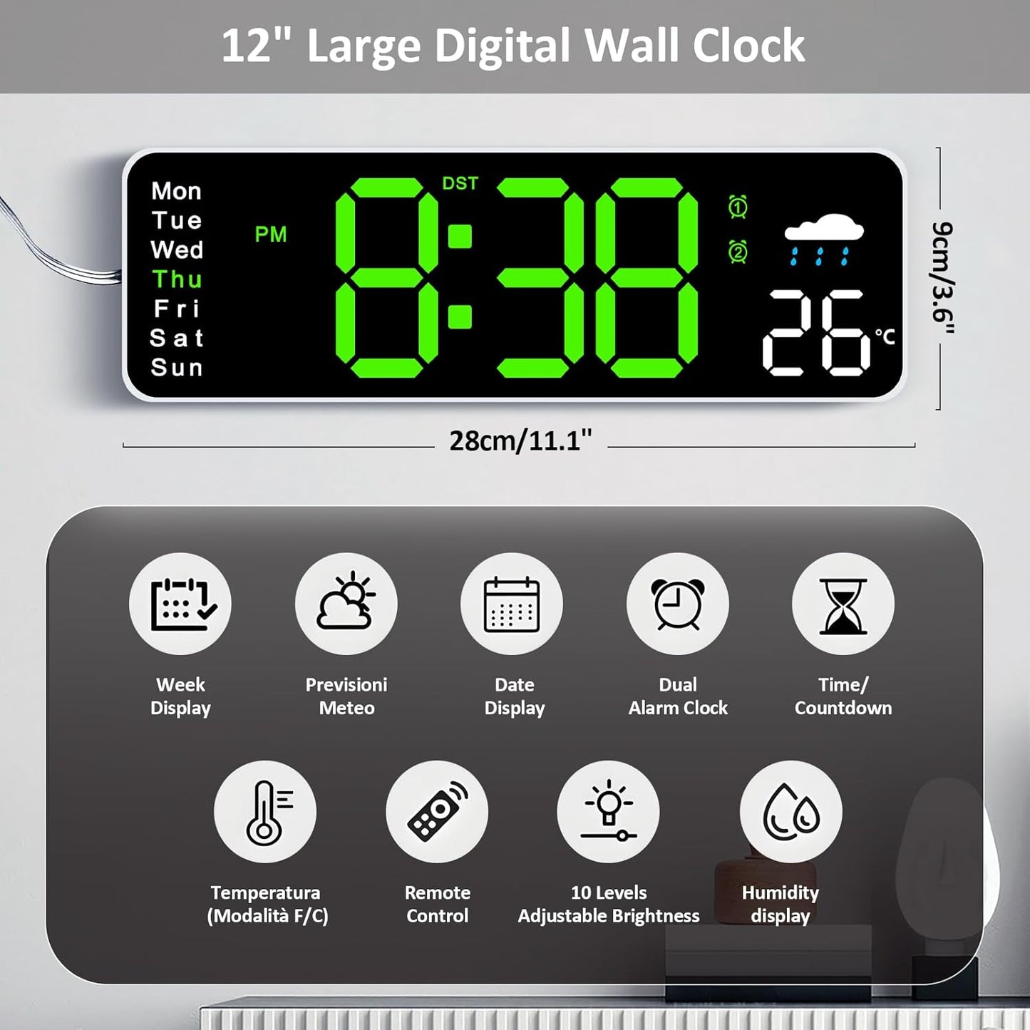 Digital Wall Clock, 12" Digital Clock with Temperature, Humidity, Weatherforecast, Day of The Week, Timer, Auto-dimming, for Living Room/Classroom/Gym/Church/Shop/Garage,Green