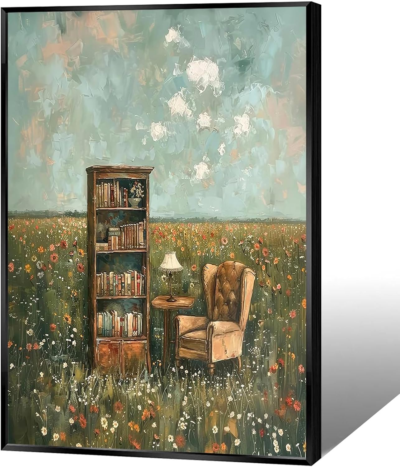 Retro Bookshelf Books Canvas Posters Floral Field Reading Book Wall Art Rustic French Country Bookish Prints Painting For Living Room Bedroom Library Wall Decor 8x12in Unframed