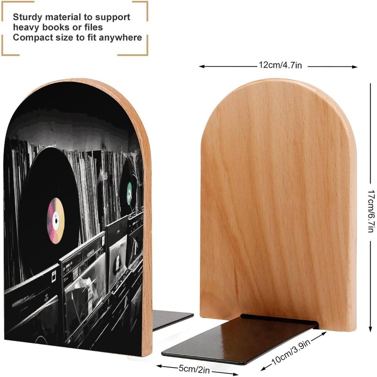 Vinyl Records Bookend for Shelves Wooden Book End Large Size Sturdy Book Holders Stoppers with Metal Base for Bookshelves Slick Decorative Bookends Stands
