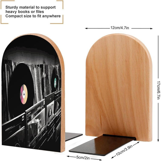 Vinyl Records Bookend for Shelves Wooden Book End Large Size Sturdy Book Holders Stoppers with Metal Base for Bookshelves Slick Decorative Bookends Stands