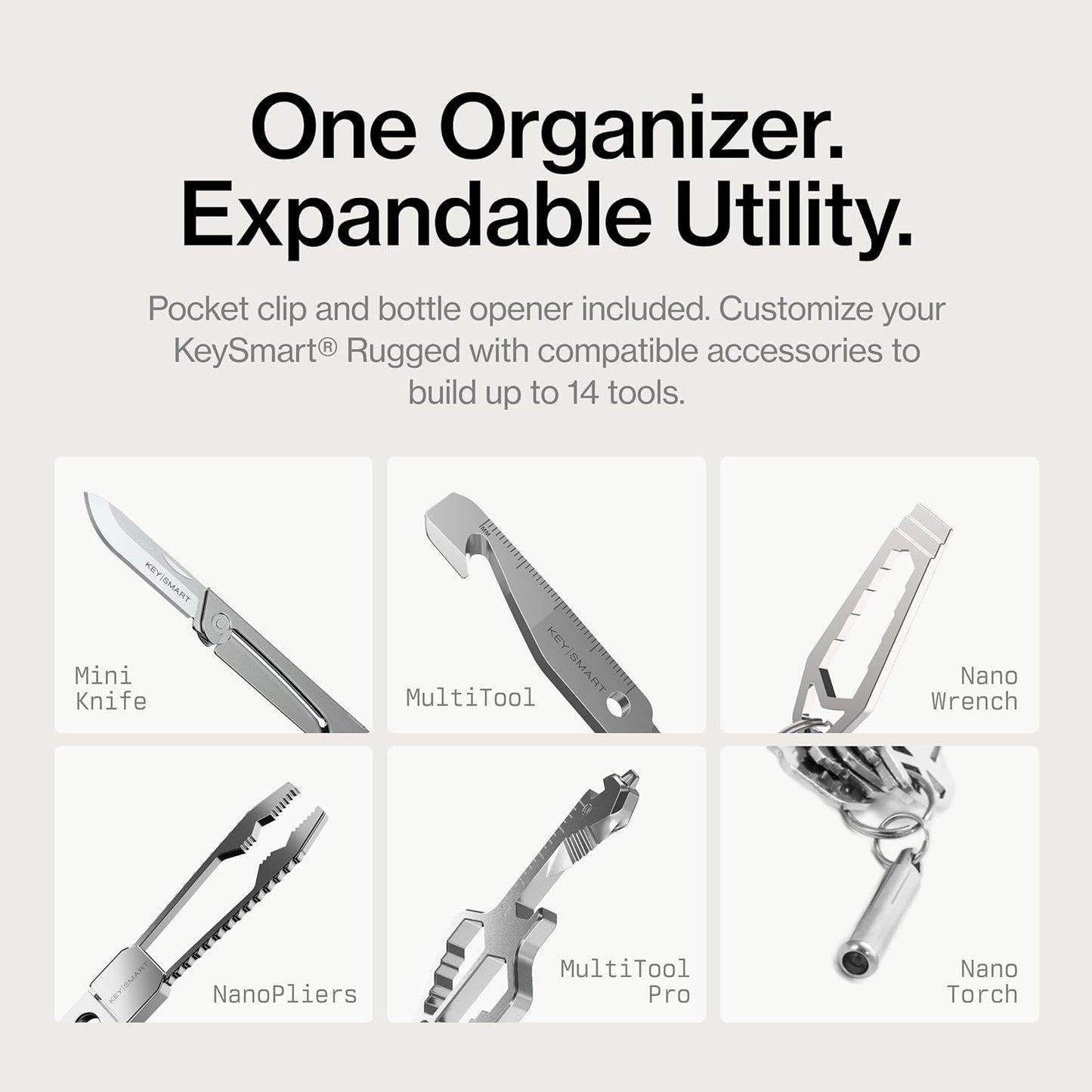 KeySmart Rugged - Multitool Key Holder for Keychain w/Bottle Opener and Pocket Clip, Key Organizer for Key Chain, EDC Keychains, Key Ring for Car Fobs Key Chains, Expandable (Up to 14 Keys, Red)