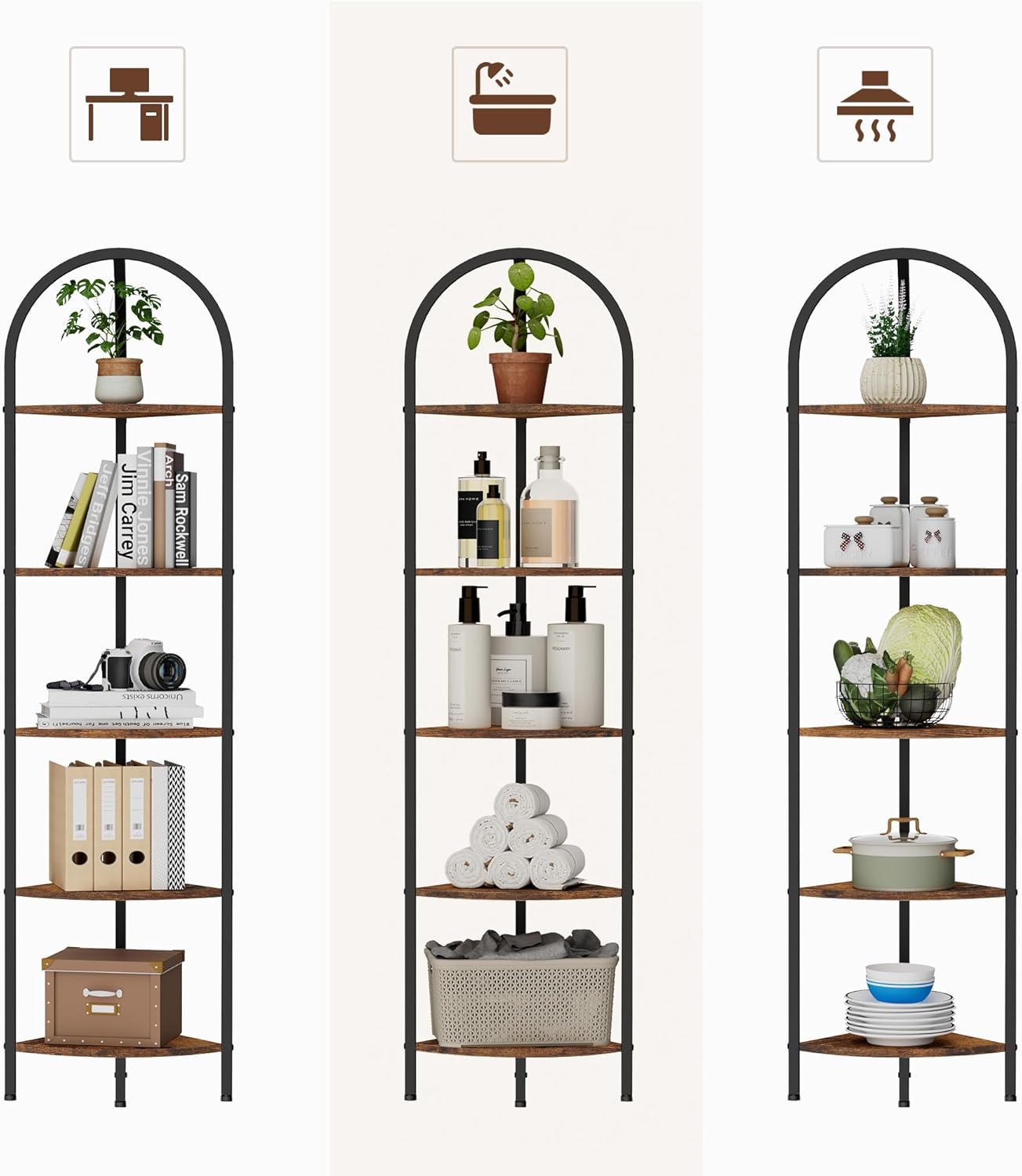 Homhedy 5-Tier Arched Corner Shelf Stand, Wall Corner Bookshelf with Metal Frame, Plant Stand, Industrial Storage Rack Shelf for Living Room, Bedroom, Office, Bathroom, Rustic Brown and Black