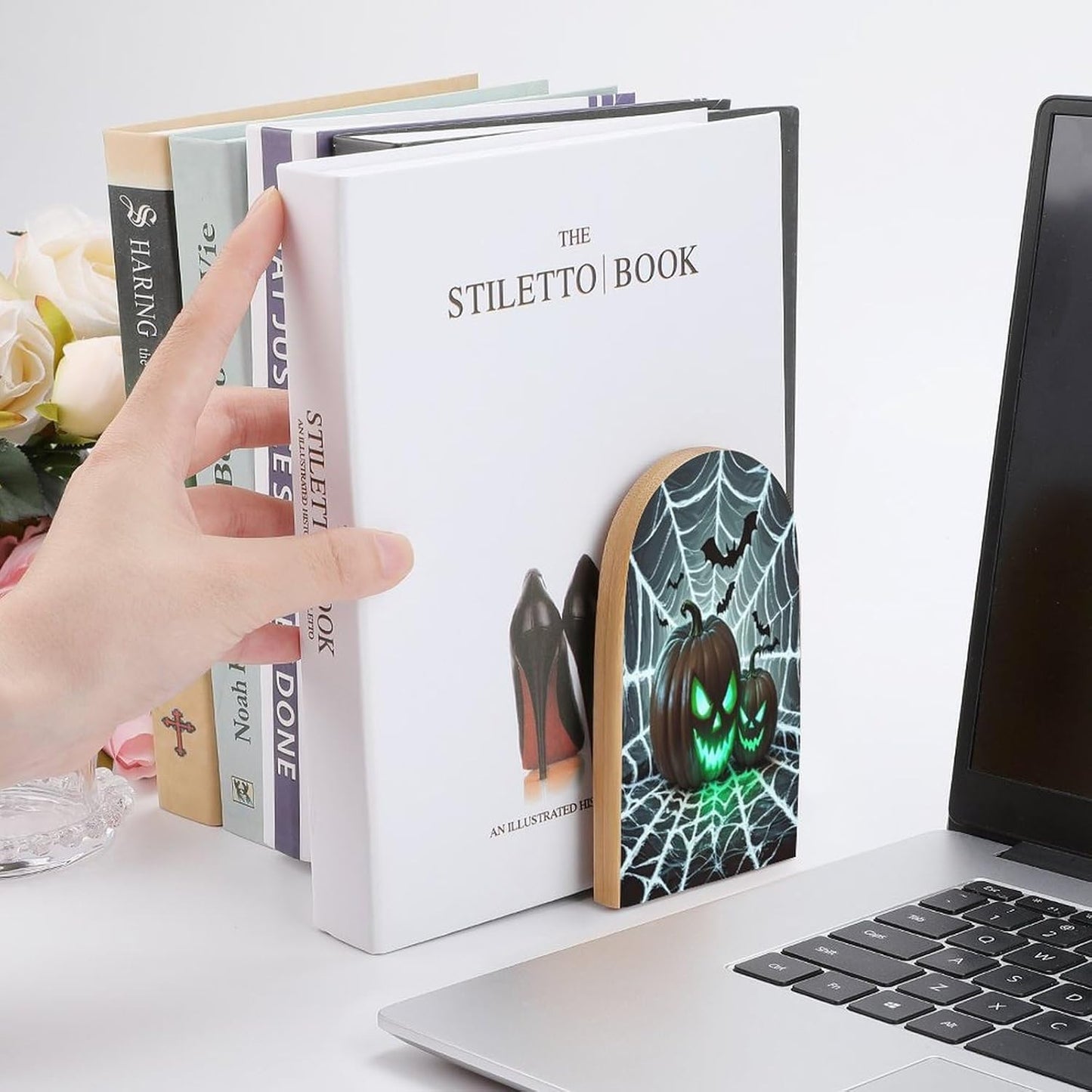 Green Pumpkin Bookends 1 Pair Heavy Duty Book Ends for Shelves Non-Skid Bookend Supports Wooden Book Holders with Metal Base Desk Organizers Books Storage to Hold Books