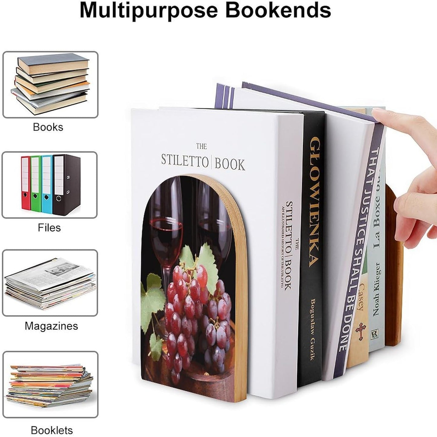 Red Wine Grape Bookend for Shelves Wooden Book End Large Size Sturdy Book Holders Stoppers with Metal Base for Bookshelves Slick Decorative Bookends Stands