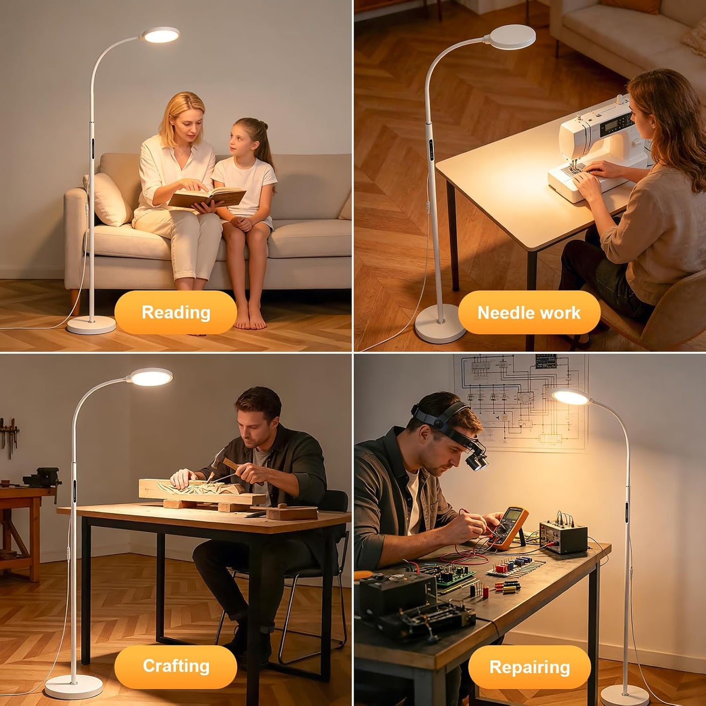 White Bright Floor Lamps with Remote, Touch Control Nursery & Bedroom Lamp, Dimmable Kids Light with Adjustable Color, Gooseneck Standing Lamp for Reading, Living Room, Office, Library, Pharmacy Table