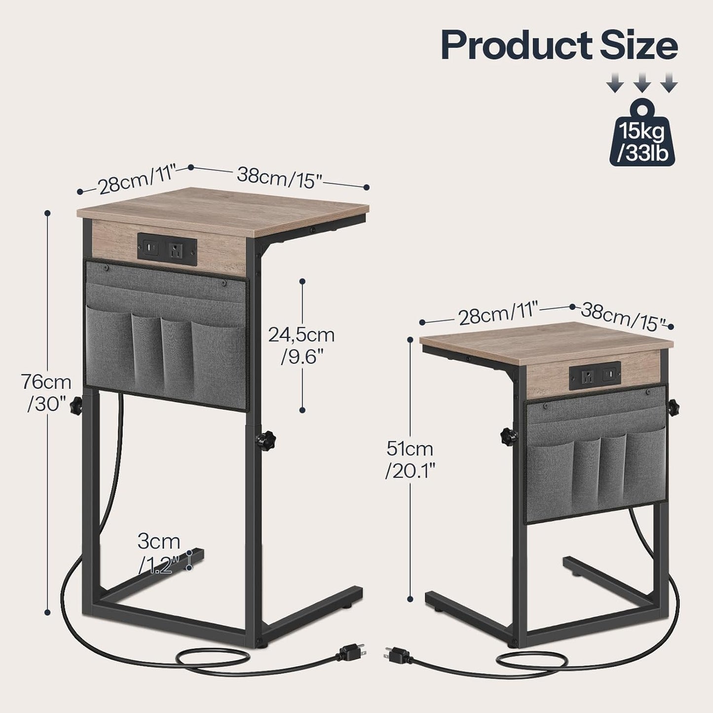 HOOBRO C Shaped End Table with Charging Station, 30” Adjustable Height Sofa Side Table with Storage Pocket, Slide Under Couch Table for Sofa Arm Tray, for Living Room, Bedroom, Greige BG77USF01