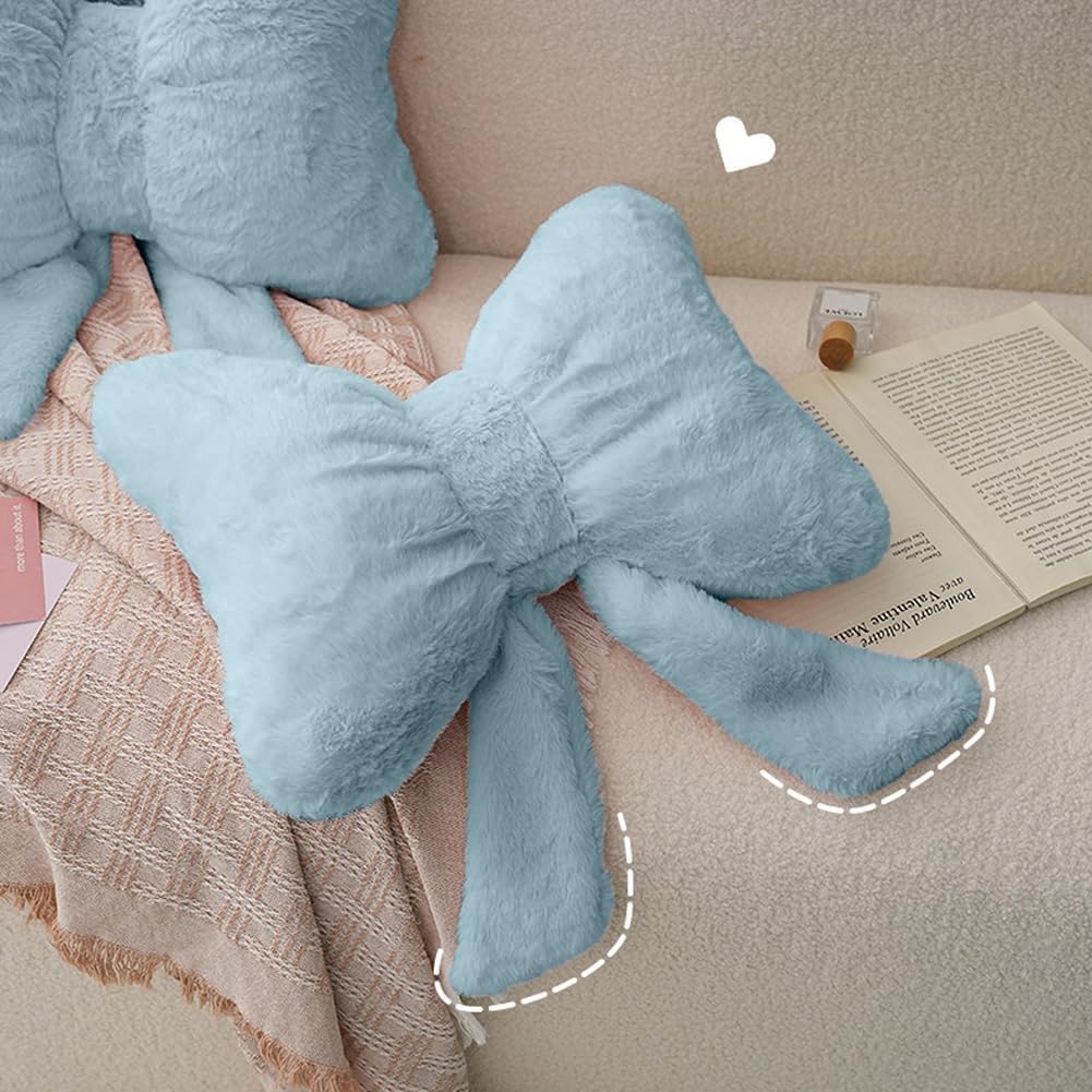 2Pack Soft Furry Bow Throw Pillows Cute Bowknot Plush Pillow Home Decor Stuffed Bow Lumbar Pillow for Bed Couch Living Room Decor (Blue)