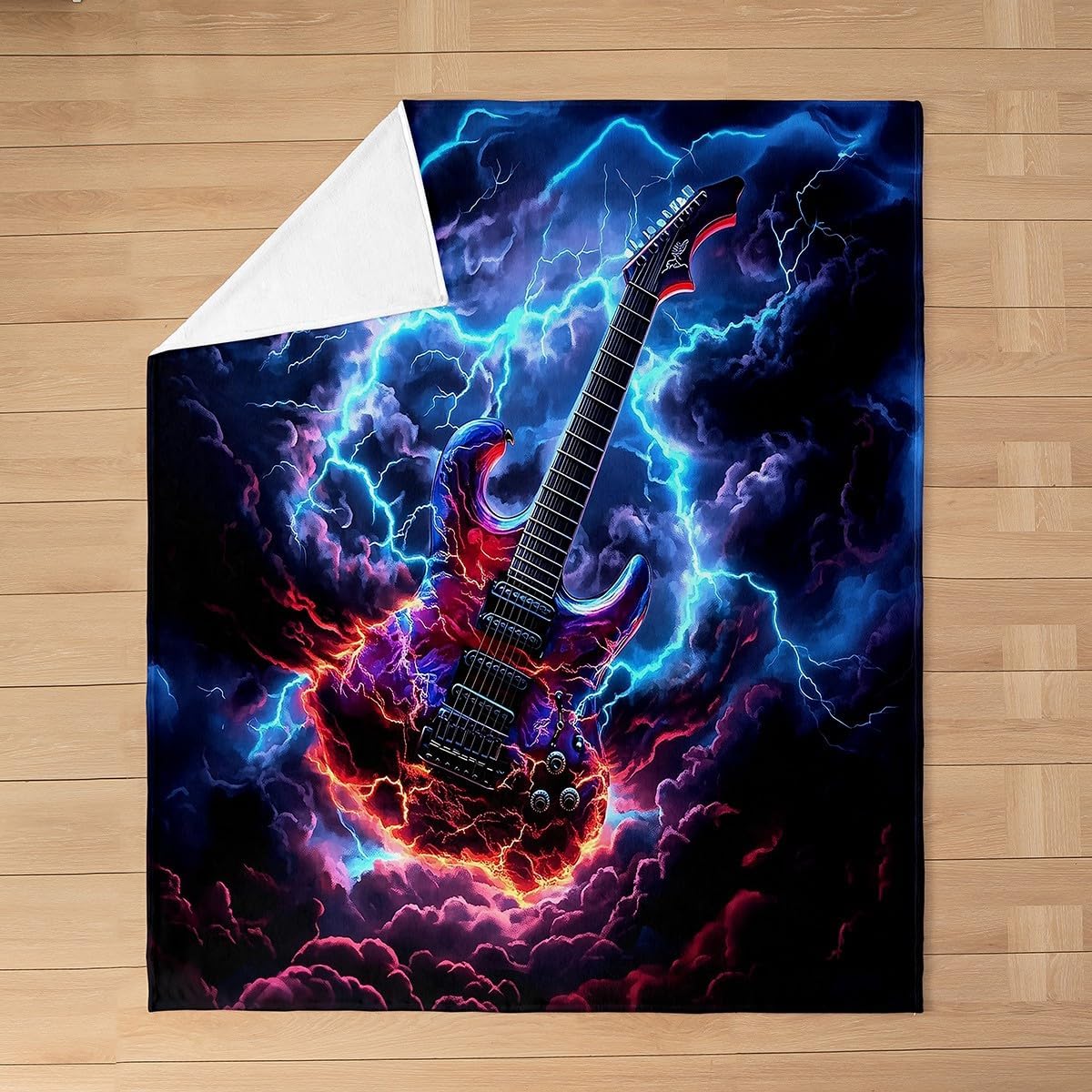 Electric Guitar Fleece Throw Blanket Soft Cozy Lightning Flame Flannel Blanket for Kids Women Adults Rock Music Plush Blanket Dark Clouds Fuzzy Blanket for Sofa Bed Couch(60x80 Inches)
