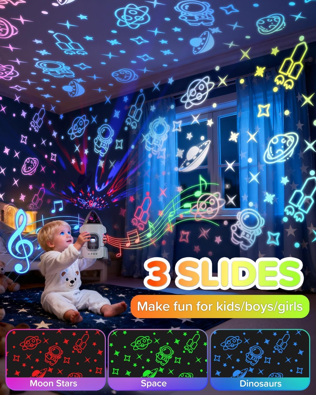 Rocket Night Light Projector for Kids Boys Toddlers Sensory Toys with Music&Films,Nightlight Lamp Astronaut Ceiling Star Projector 360° Rotation&Rechargeable,Birthday Gifts Kids Bedroom Room Decor
