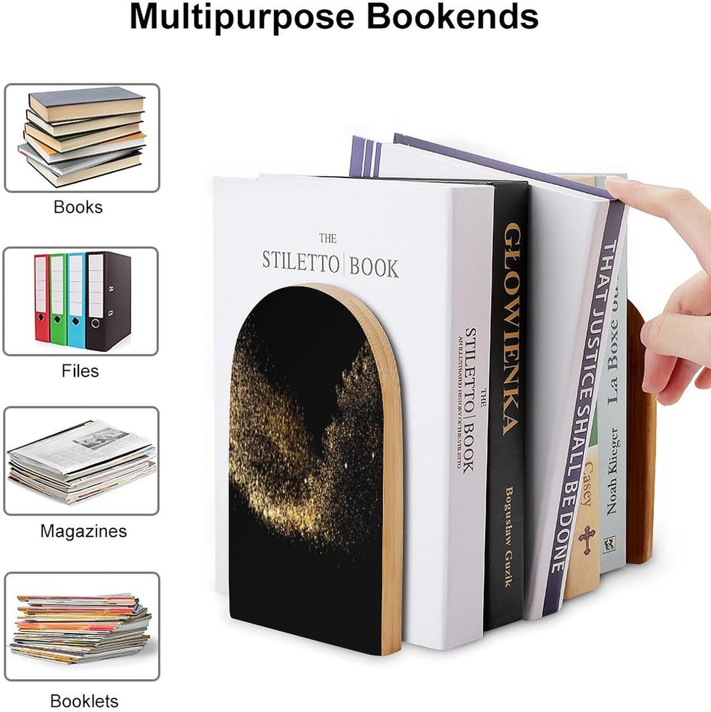 Gold Black Sand Wooden Bookend Non-Slip Book Ends Heavy Duty Book Stopper with Metal Base Books Holderd Decorative Bookends Stands Firmly for Office Supplies