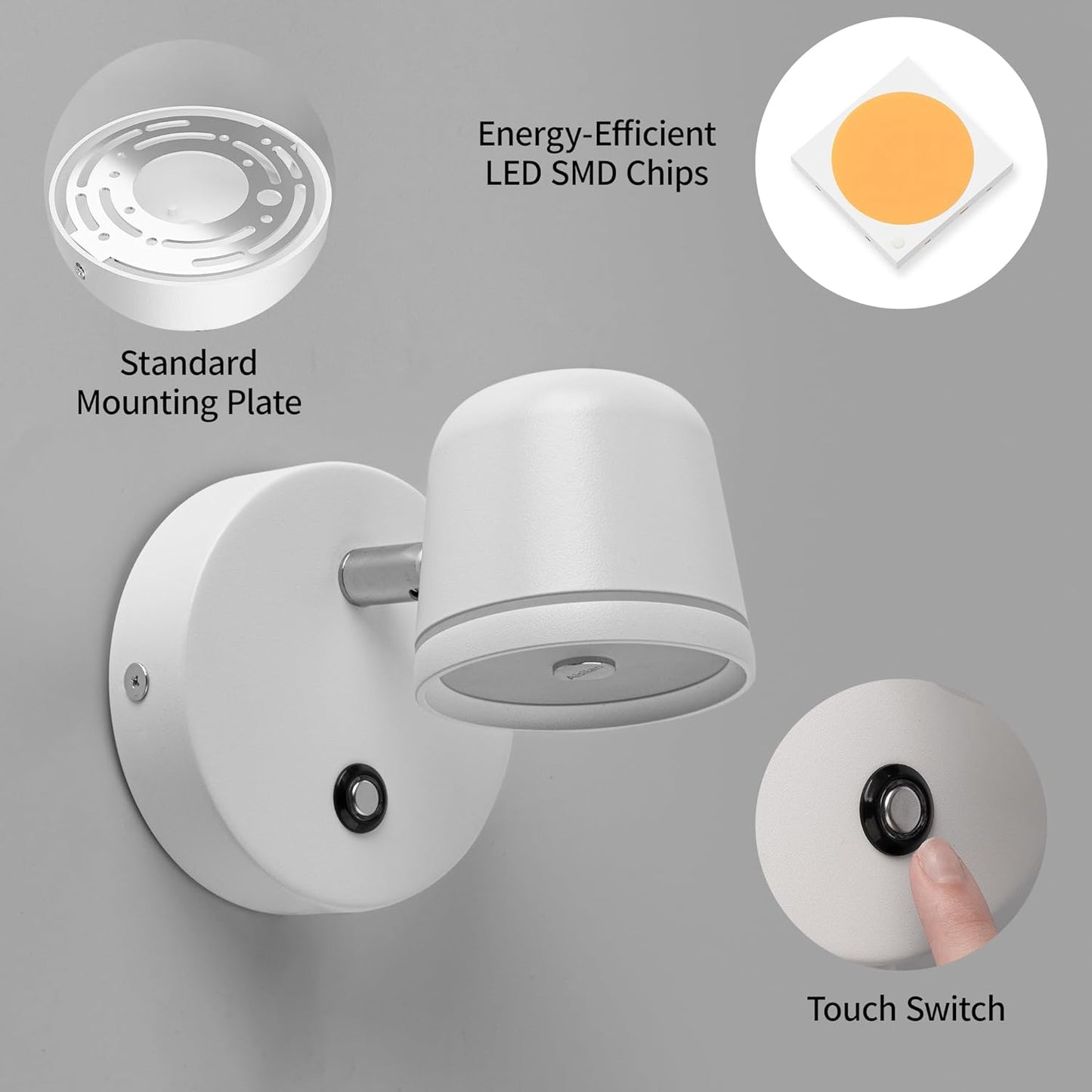 Aisilan Wall Sconce, Hardwired Touch Dimmable Wall Light with 3 Color Temperatures, Adjustable 7W LED Wall Lamp CRI97, Modern White Aluminum Sconce for Bedroom Bedside Hallway
