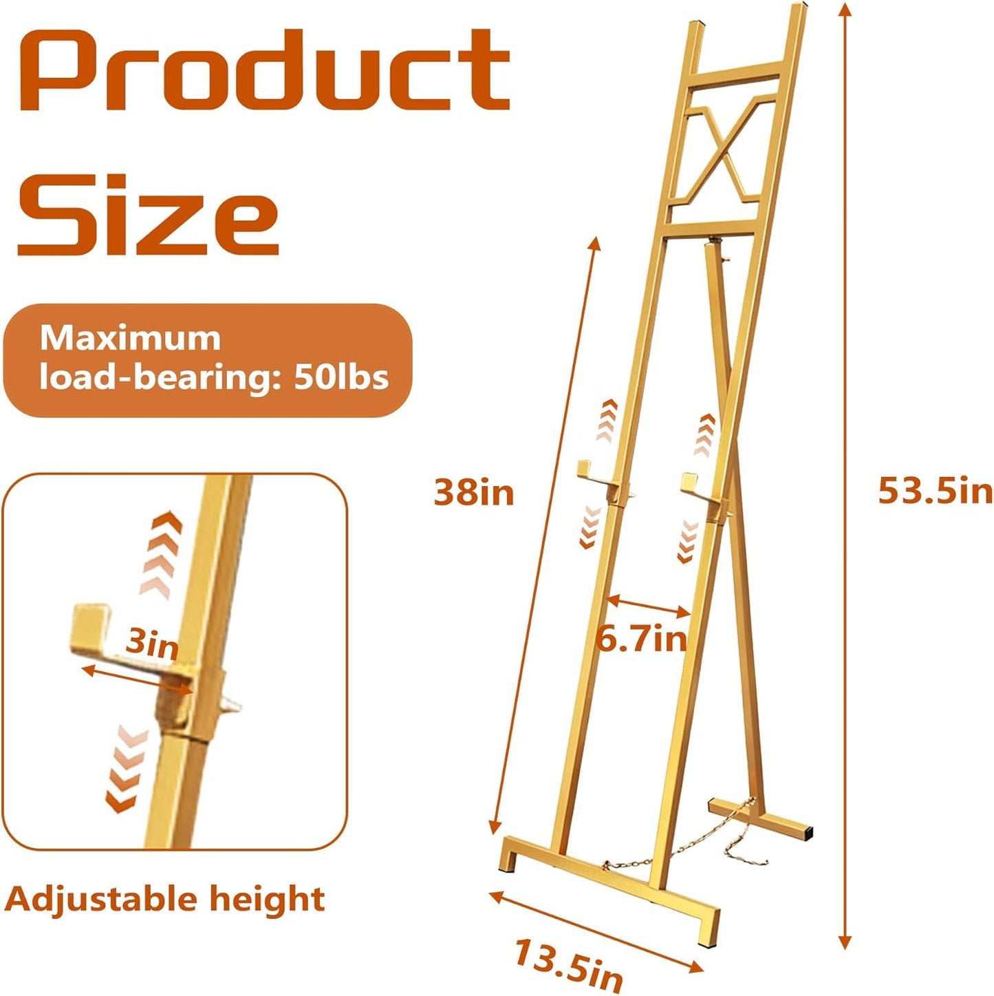Easel Stand, 13.5" x 53.5" Adjustable Height Metal Easel Display Stand, Square Tube Gold